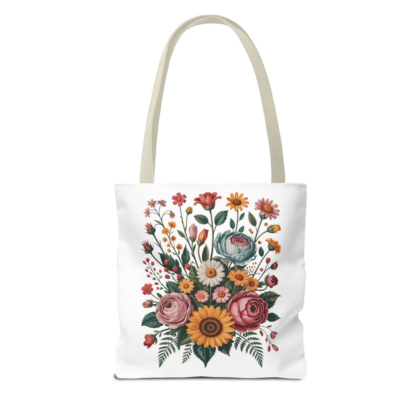 Botanical Vintage Flower Tote Bag featuring a collage of cut-out pastel flowers with warm accents, ideal for nature lovers. Durable polyester, reinforced handles, perfect for carrying essentials. Available in multiple sizes.