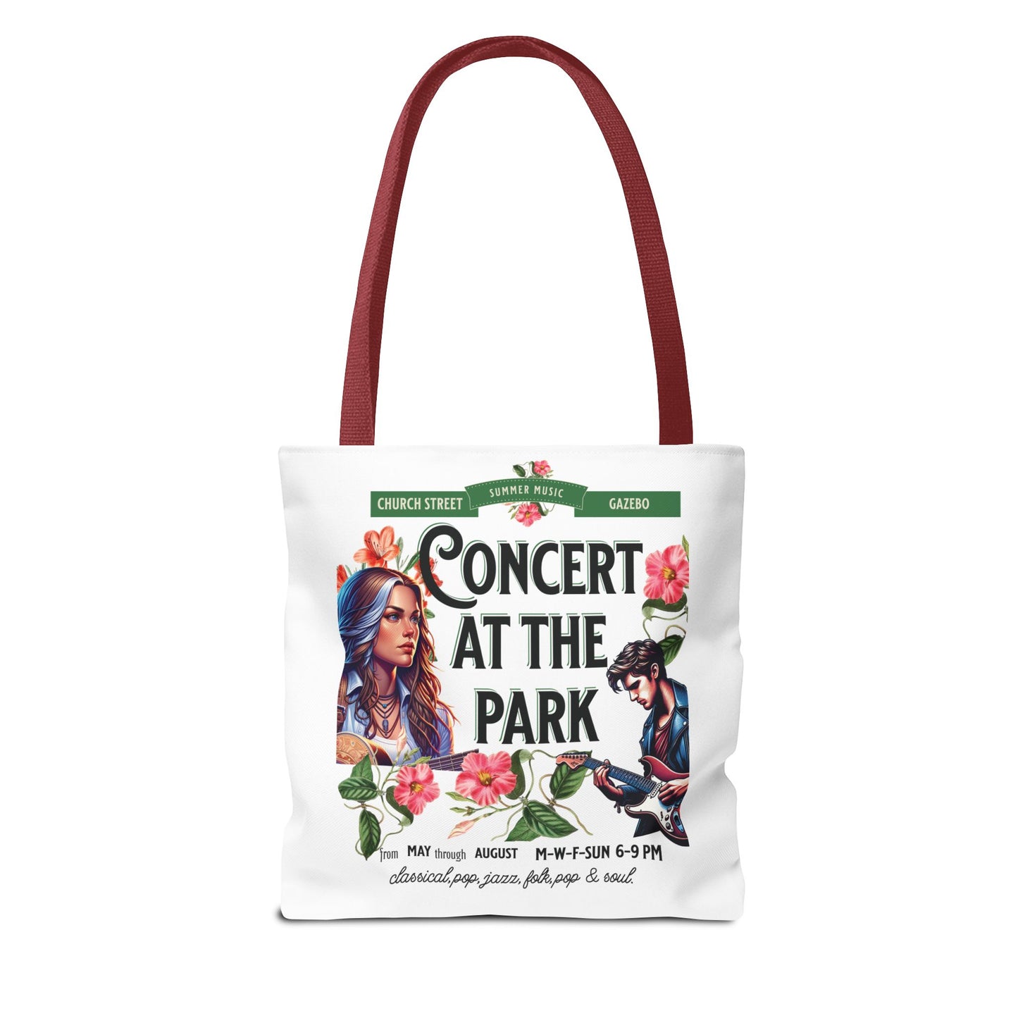Concert At the Park Tote Bag with a red handle, featuring a lively concert scene with a woman and man playing guitars, ideal for music lovers.