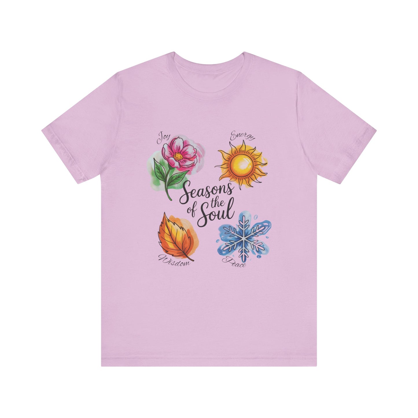 Seasons of the Soul: Joy, Energy, Wisdom & Peace T-Shirt displayed, showcasing a serene, spiritual design on a unisex jersey short-sleeve tee, ideal for meditation and nature-inspired celebrations.