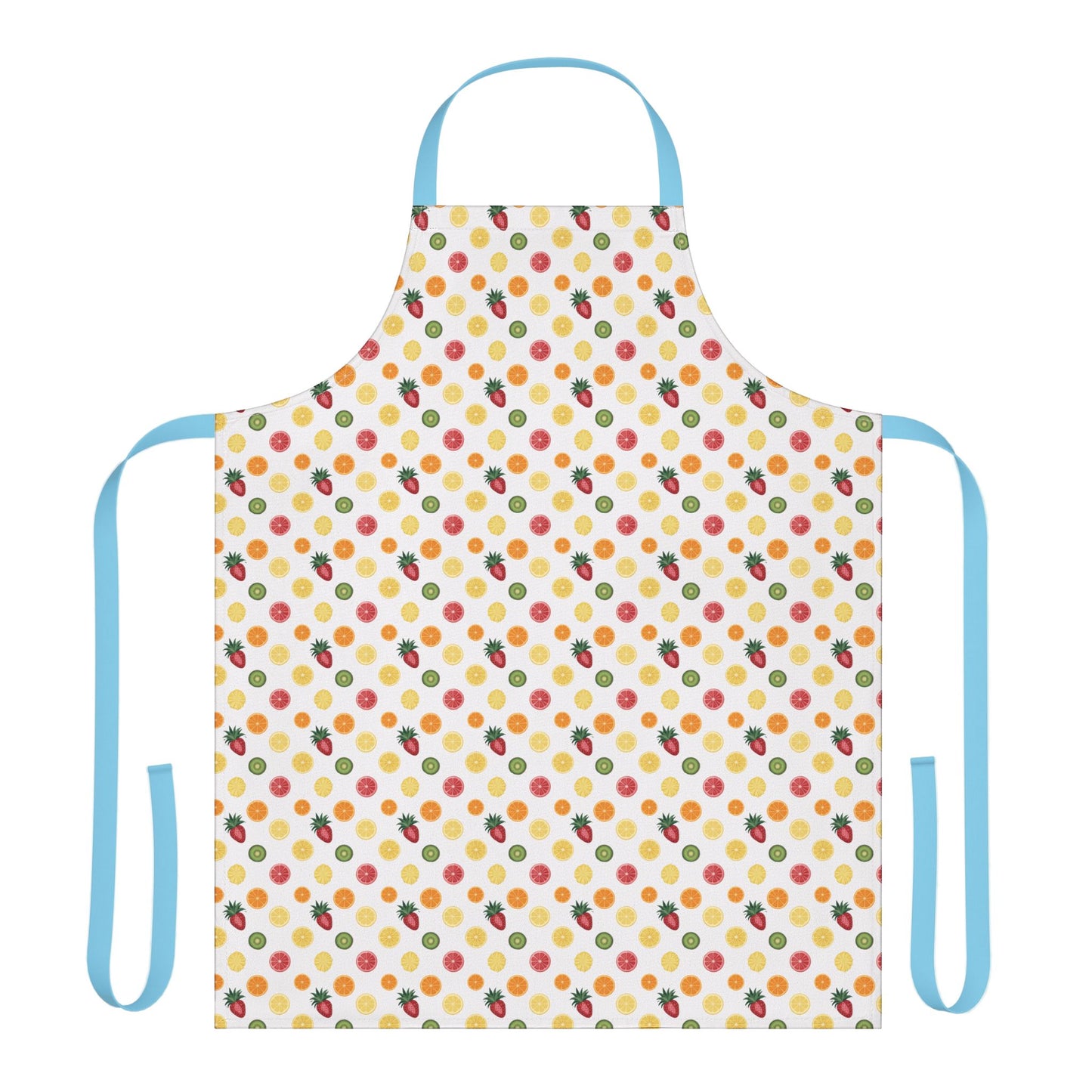 Apron, Fruit Slice Design, 5-Color Straps, showcasing vibrant fruit patterns like oranges and kiwis on white fabric, perfect for joyful cooking experiences. Features comfortable blue straps, ideal for summer events.