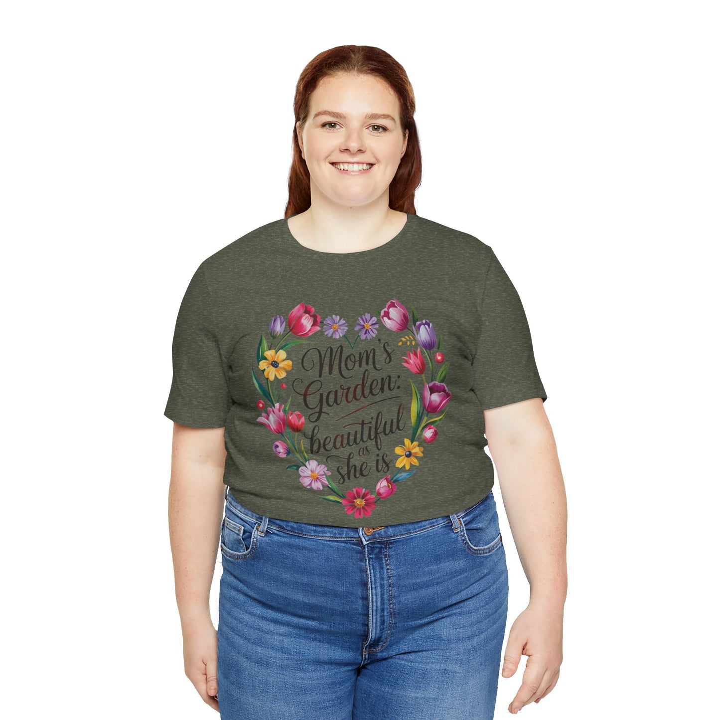 Mom's Garden is as Beautiful as She Is Mother's Day Comfort Colors Unisex T-Shirt featuring a floral design, worn by a smiling woman, epitomizing comfort and style from FireBrook Essentials.