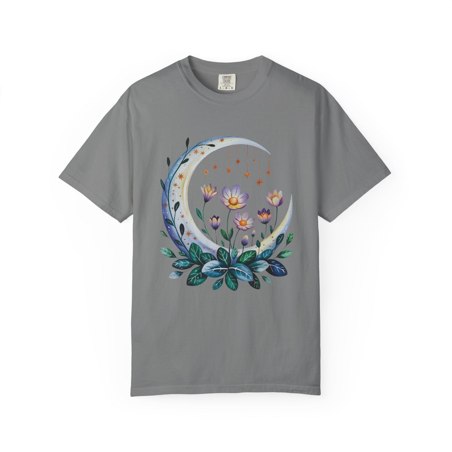 Crescent Moon Floral T-Shirt featuring a bohemian design with a relaxed fit and crew neckline, perfect for casual wear. Made from ethically grown US cotton, embodying FireBrook Essentials' commitment to comfort and joy.