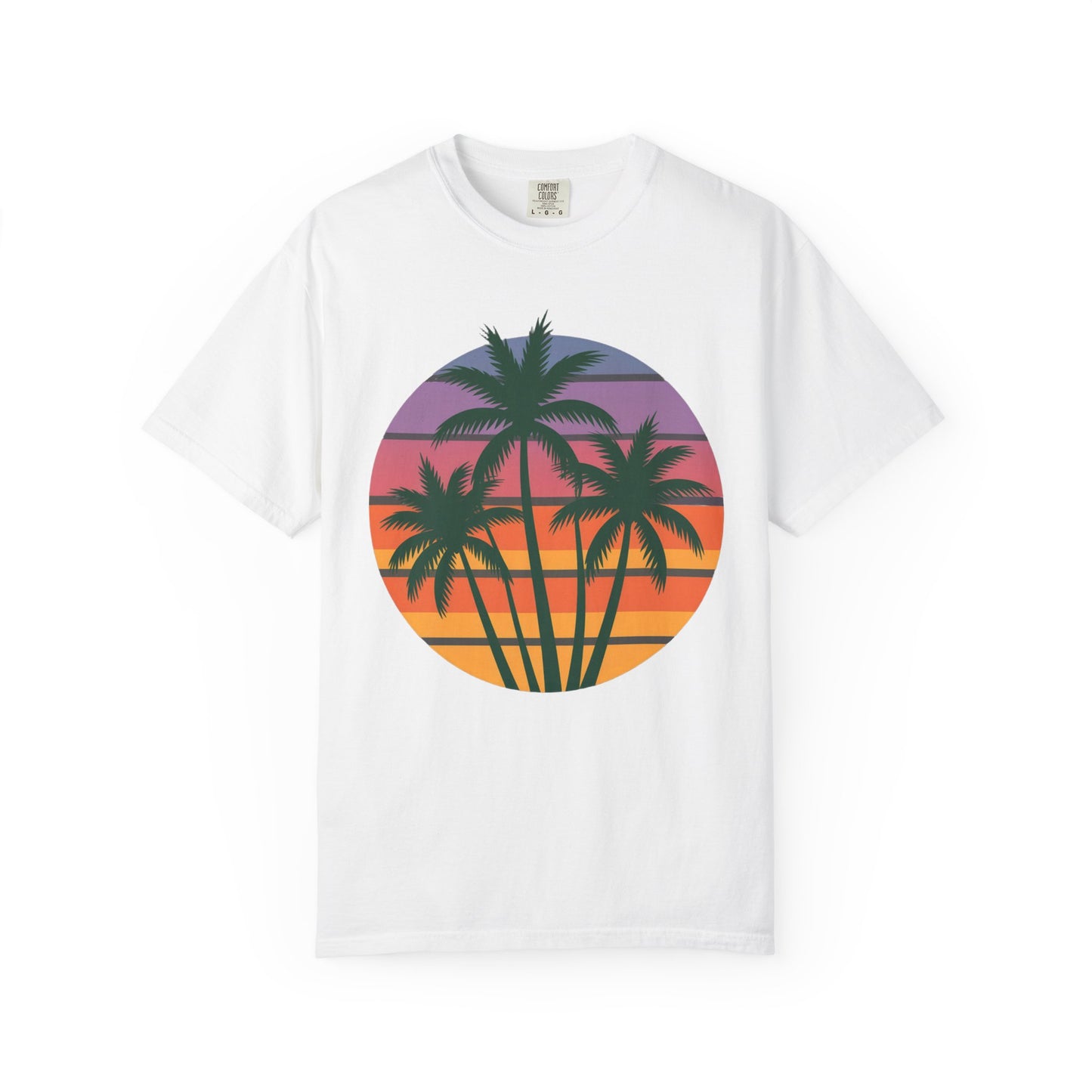 Palm Tree Sunset T-shirt showcasing vibrant palm trees against a sunset sky, embodying tropical relaxation. Ideal for beachgoers, it features durable stitching and a soft, garment-dyed fabric, reflecting FireBrook Essentials' joyful style.