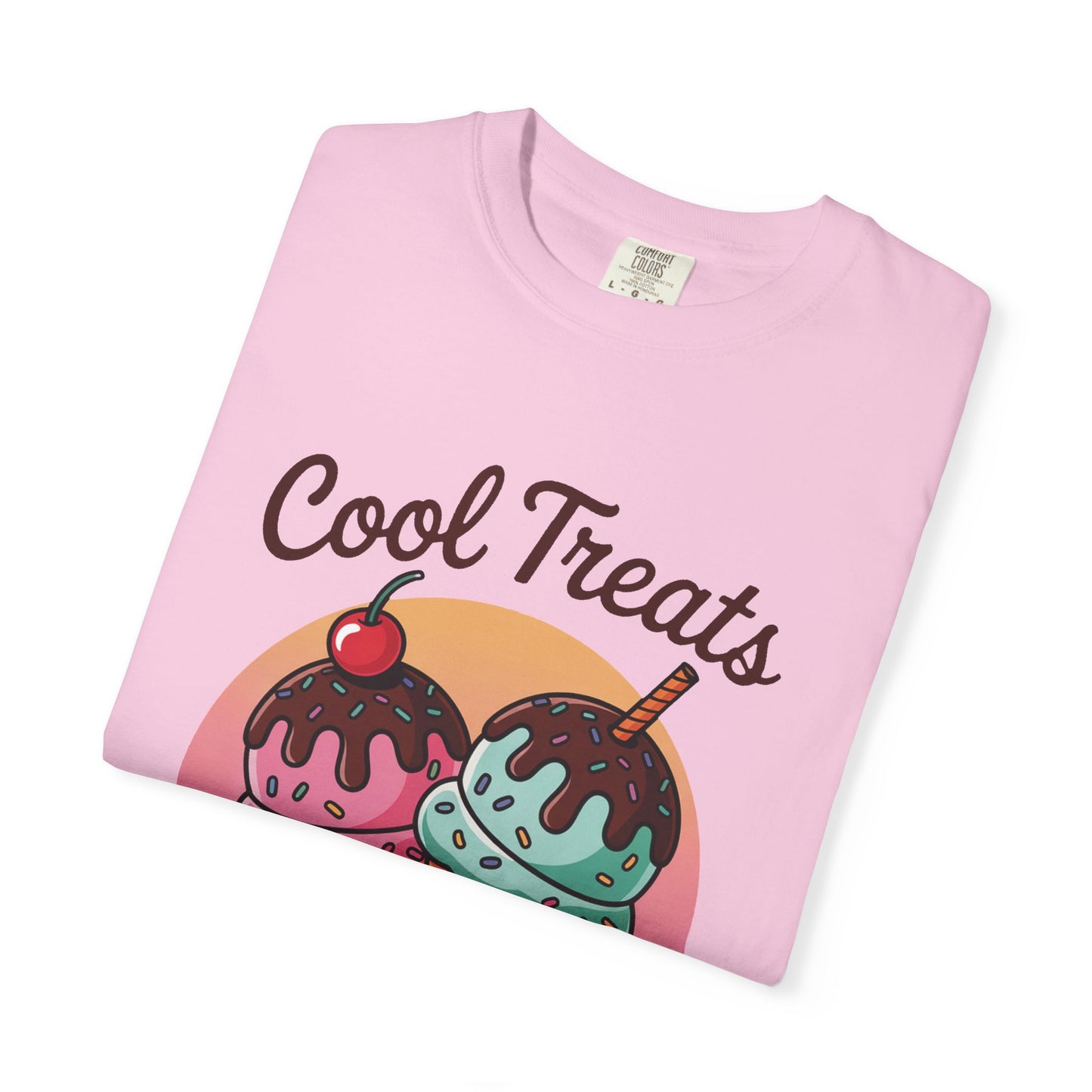 Ice Cream Cool Treats Comfort Colors Unisex T-Shirt featuring a playful cartoon ice cream with a cherry on top, perfect for adding a fun, summery vibe to your wardrobe.