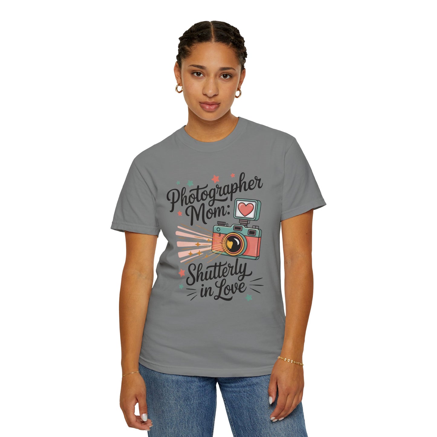 Photographer Mom: Shutterly In Love Mother's Day Comfort Colors Unisex T-Shirt, showcasing a relaxed fit with a classic crew neckline, made of high-quality, ethically grown US cotton for ultimate comfort.