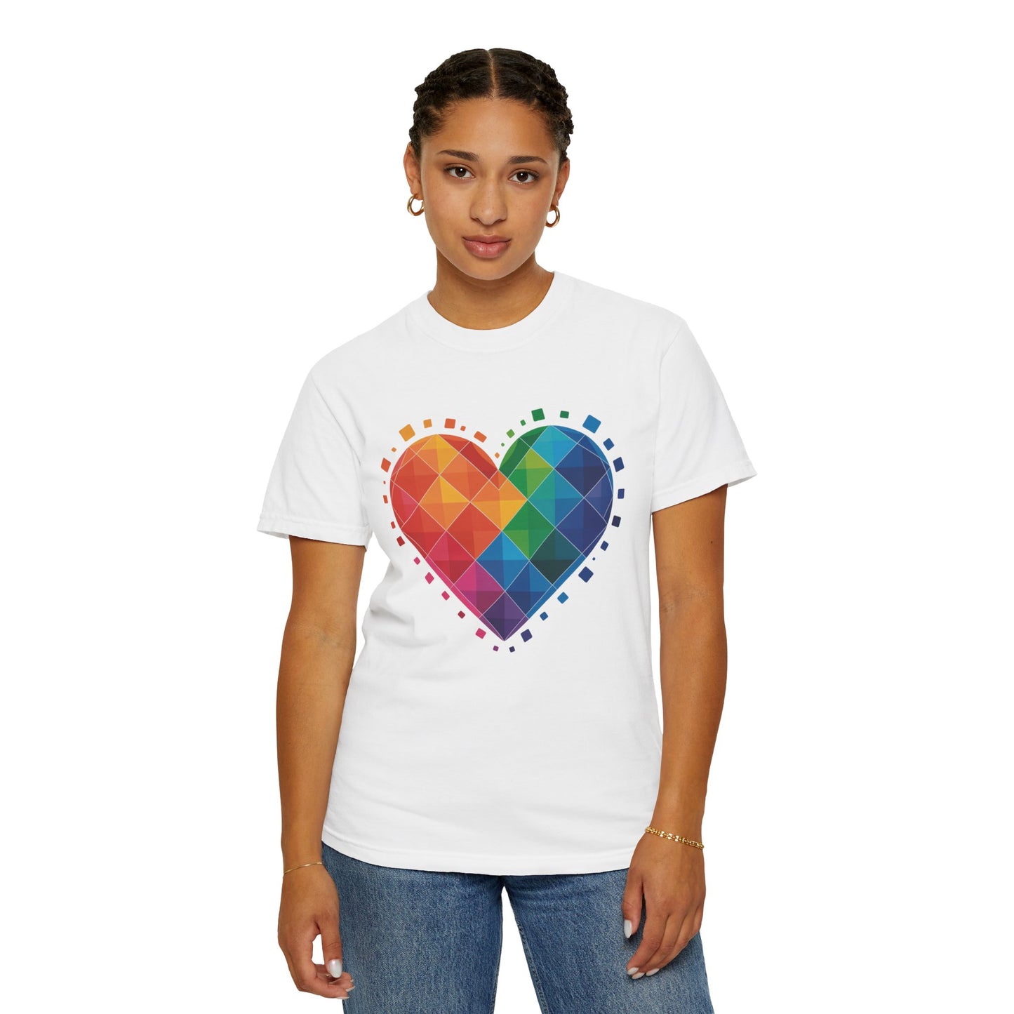 Rainbow Geometric Heart T-Shirt features a vibrant heart-shaped design with overlapping translucent squares, perfect for casual or special occasions, reflecting FireBrook Essentials' commitment to stylish, uplifting apparel.