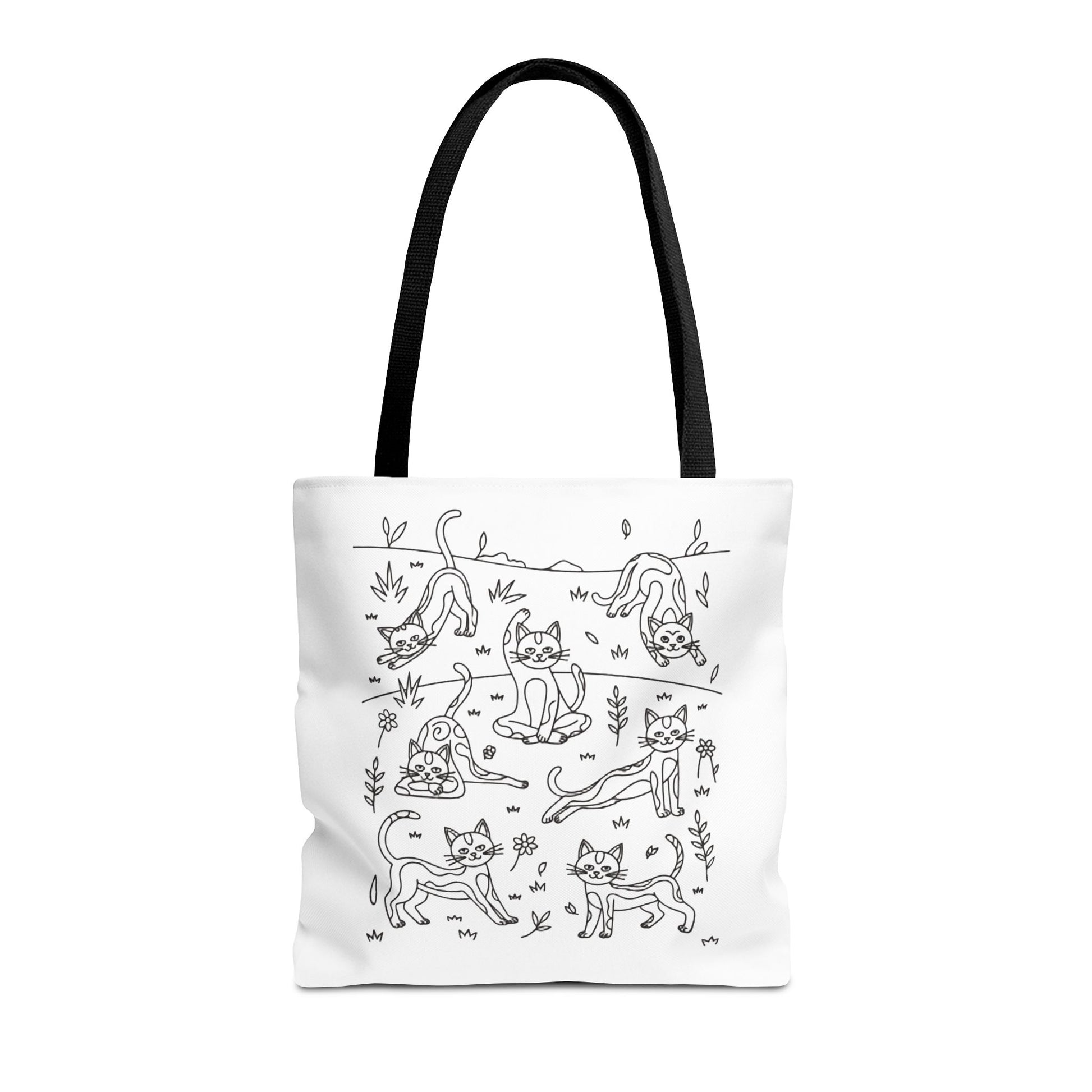 Yoga Cat Tote Bag featuring cats in yoga poses, perfect for errands. Durable polyester with reinforced handles, available in three sizes. Ideal for cat lovers and yoga fans.