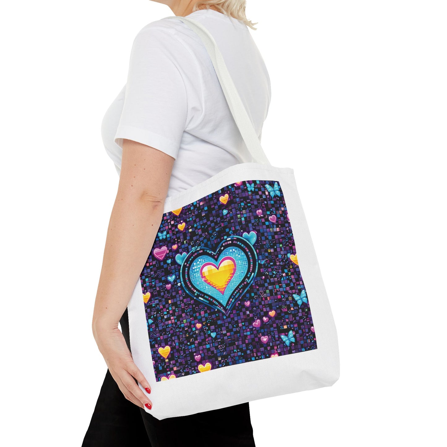 Heart Pixelated Nostalgic Cyber-Aesthetic Tote Bag carried by a woman, showcasing its unique design and durable build for stylish, everyday use.