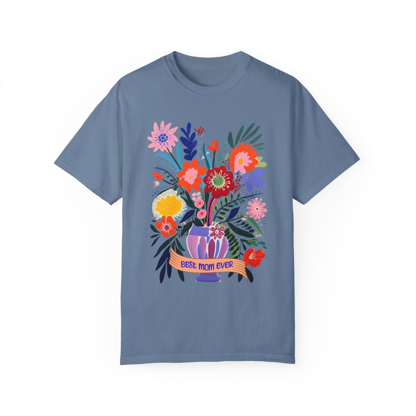Best Mom Ever Comfort Colors T-Shirt featuring a floral painting design, offering a relaxed fit with a crew neckline, perfect for gifting to moms for special occasions.