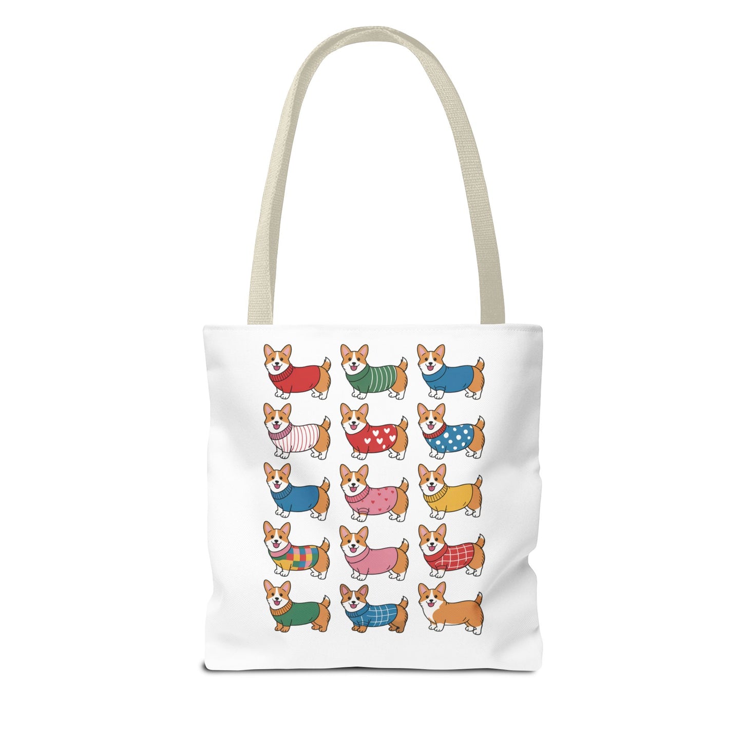 Cheerful Corgi Cartoon Style Dog Lover Tote Bag showcasing cute corgis in colorful outfits, ideal for dog enthusiasts. Durable polyester with reinforced handles, available in multiple sizes, perfect for everyday use.