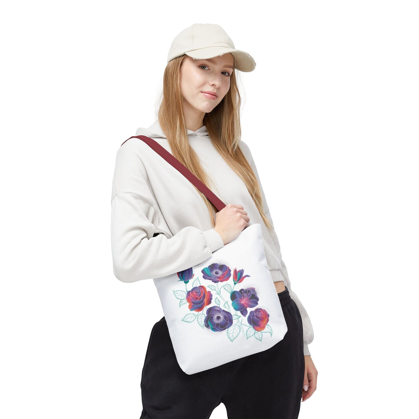 Vibrant Rose, Anemone, Lily Silhouettes Neon Floral Tote Bag featuring colorful floral silhouettes against dark gray, offering style and practicality. Ideal for nature enthusiasts, with reinforced handles and customizable colors.