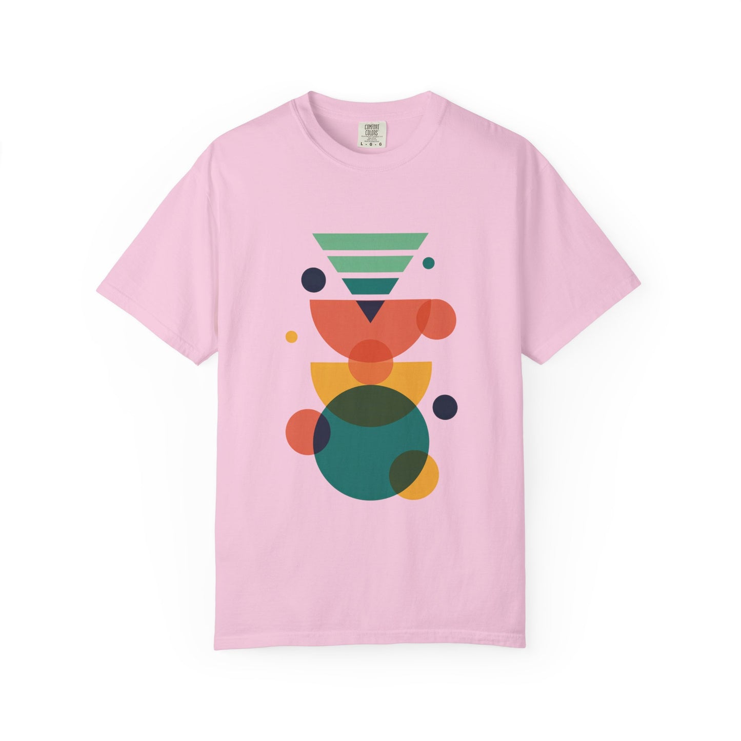 Geometric Abstract T-Shirt showcasing a vector-style design with colorful geometric shapes. This unisex garment-dyed tee offers a relaxed fit and modern vibe, epitomizing FireBrook Essentials' stylish and uplifting fashion.