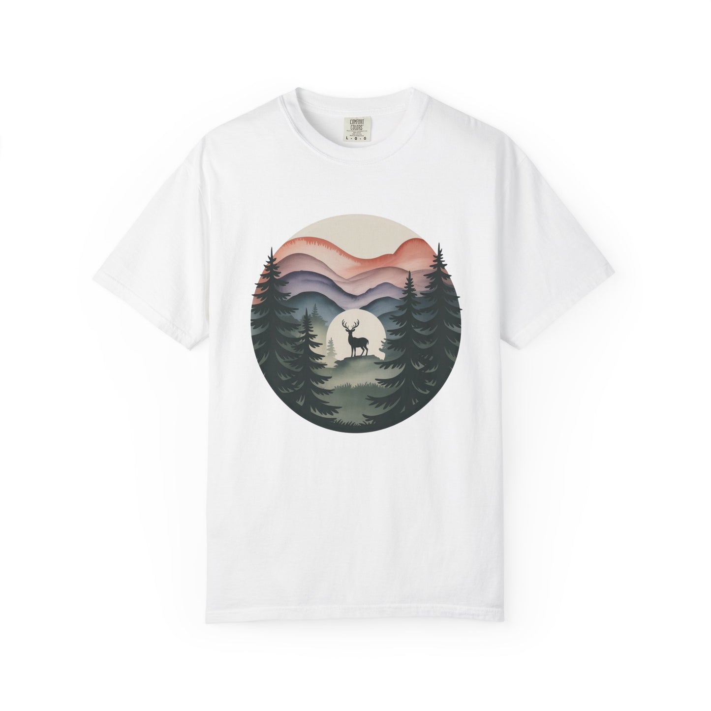 Nature Wanderer T-Shirt showcasing layered mountain silhouettes and a celestial moon, adorned with a minimalist stag. Ideal for outdoor enthusiasts, this comfortable garment-dyed tee embodies tranquility and wilderness.