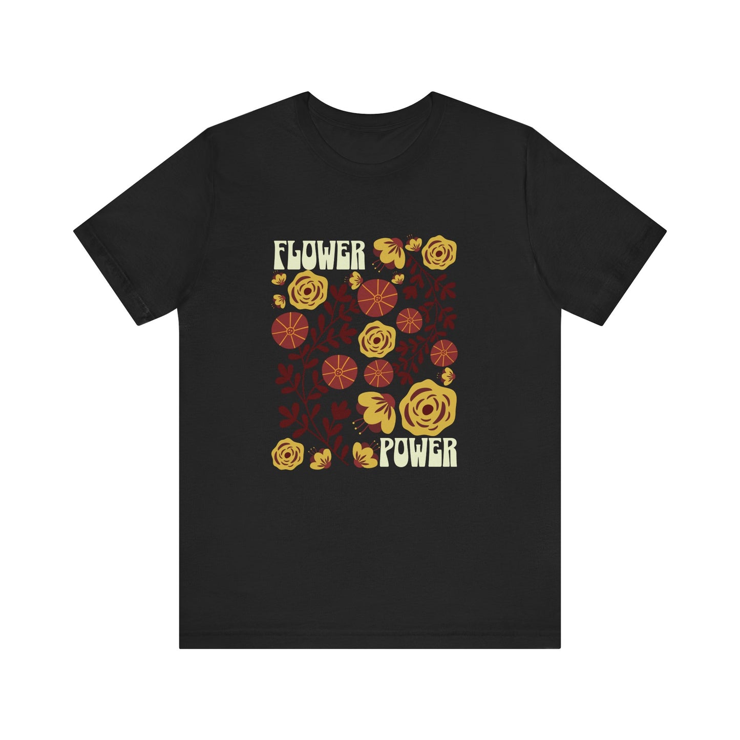 Flower Power Gildan Unisex T-Shirt featuring vibrant yellow and red floral graphics on a black background, offering a retro, eye-catching design ideal for casual, stylish wear.