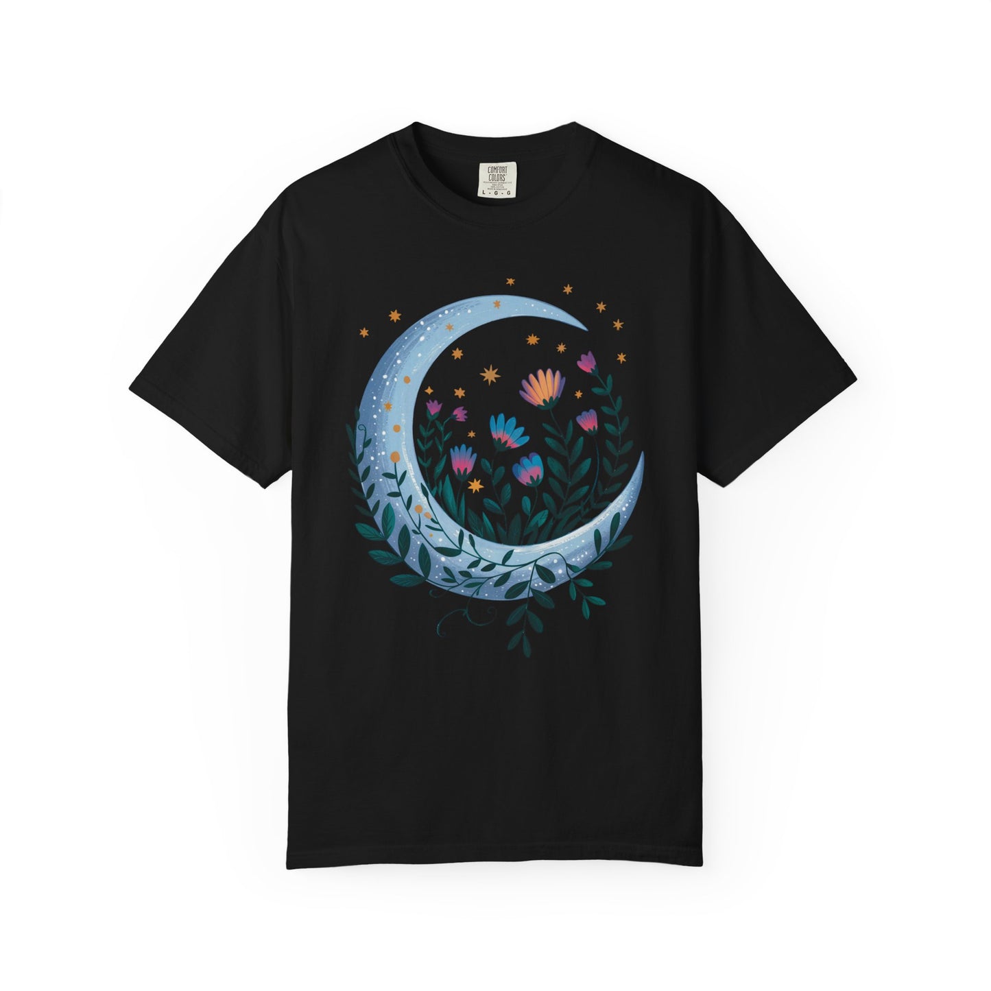 Crescent Moon with Flowers T-Shirt features a bohemian design perfect for nature lovers, showcasing durable double-needle stitching and a relaxed fit, aligning with FireBrook Essentials' uplifting and stylish apparel ethos.