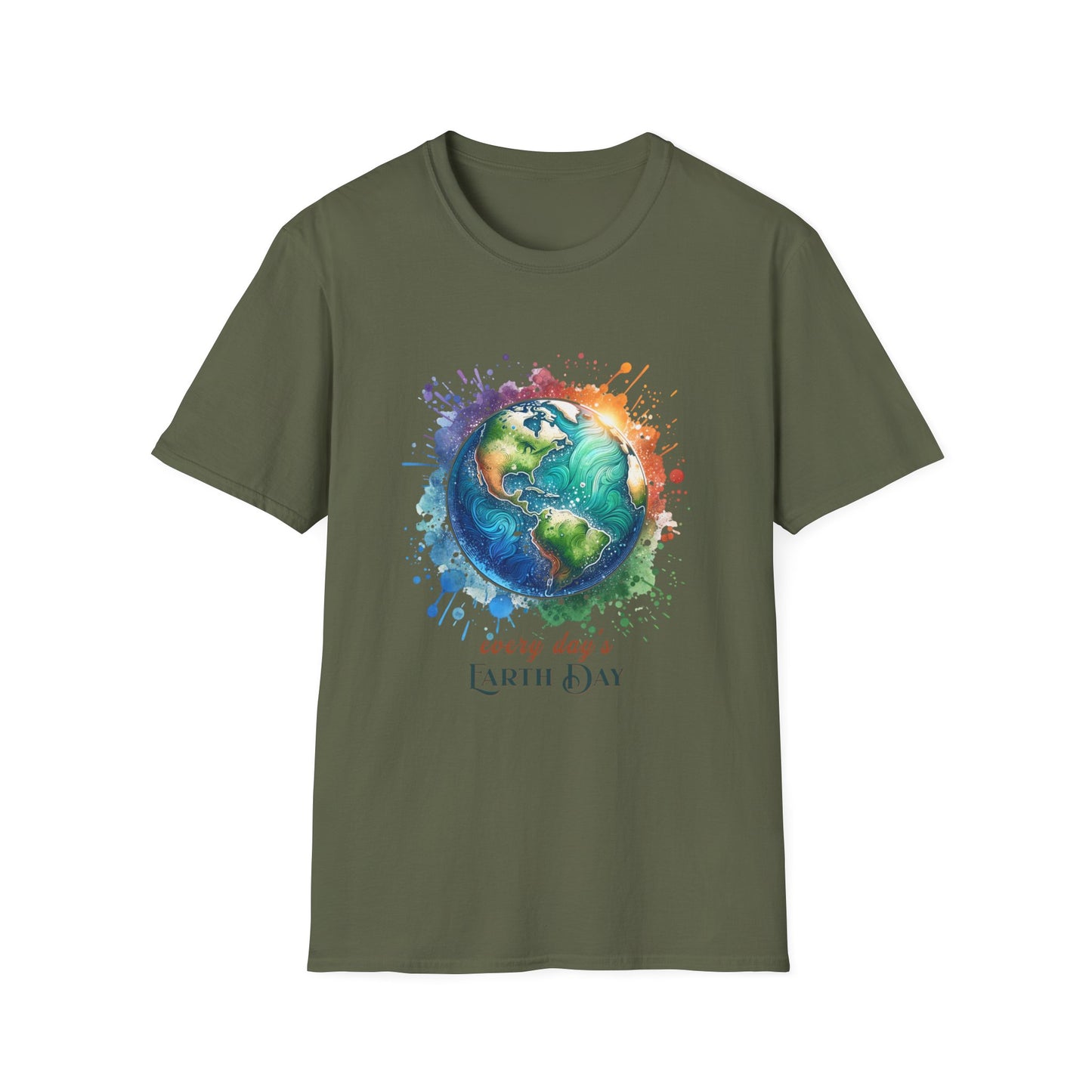 Every Day is Earth Day Gildan Unisex T-Shirt featuring a watercolor-style earth graphic, perfect for showcasing environmental dedication with a classic fit and crew neckline for versatile wear.