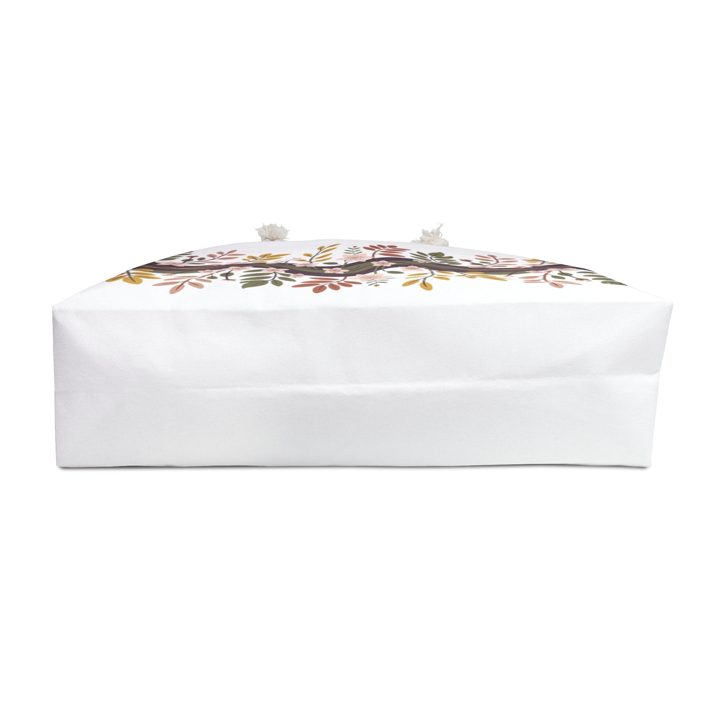 Botanical Weekender Bag featuring a playful floral and leaf design, ideal for stylish getaways. Made from durable polyester with rope handles and a cream interior, offering both practicality and a whimsical touch.