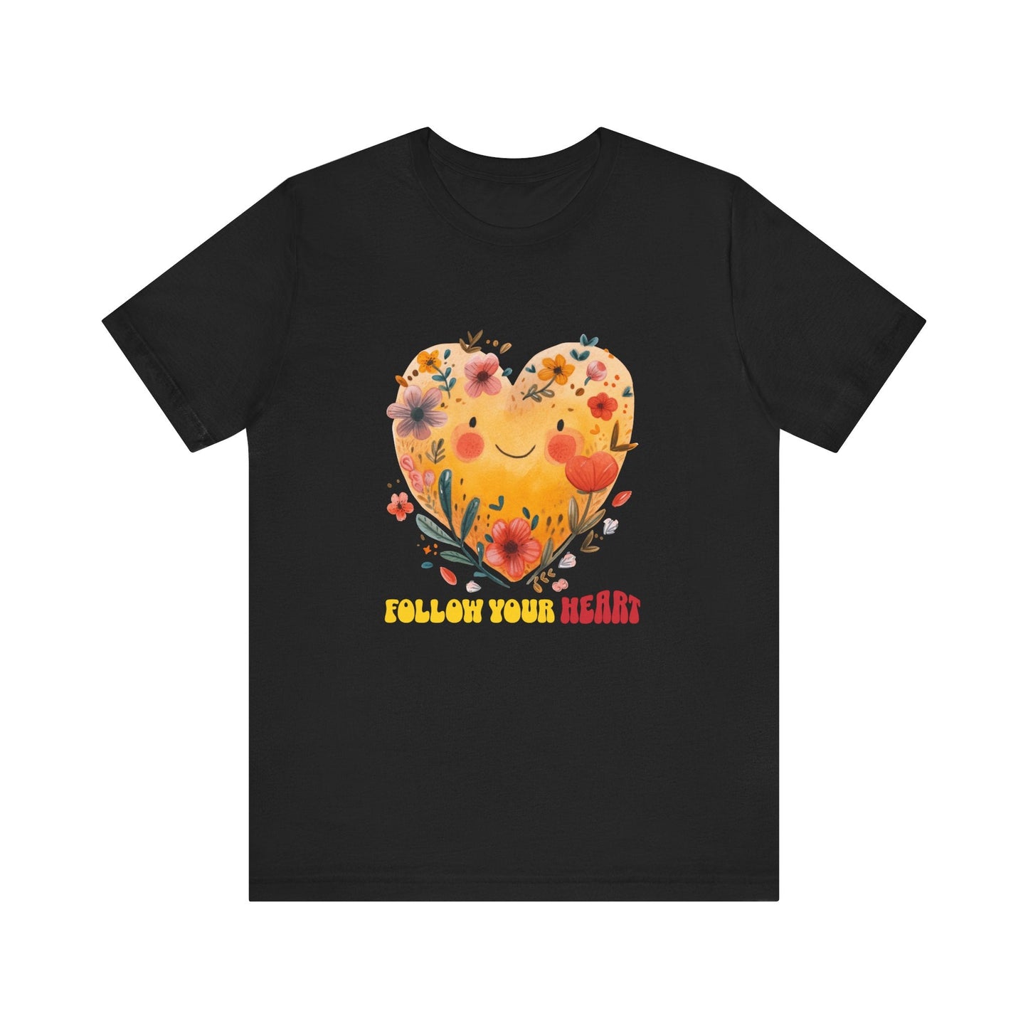 The Follow Your Heart T-Shirt showcases a breathable, retail fit with detailed sleeve and neck prints, ideal for casual or semi-formal wear. Made from lightweight cotton by Bella+Canvas for comfort.
