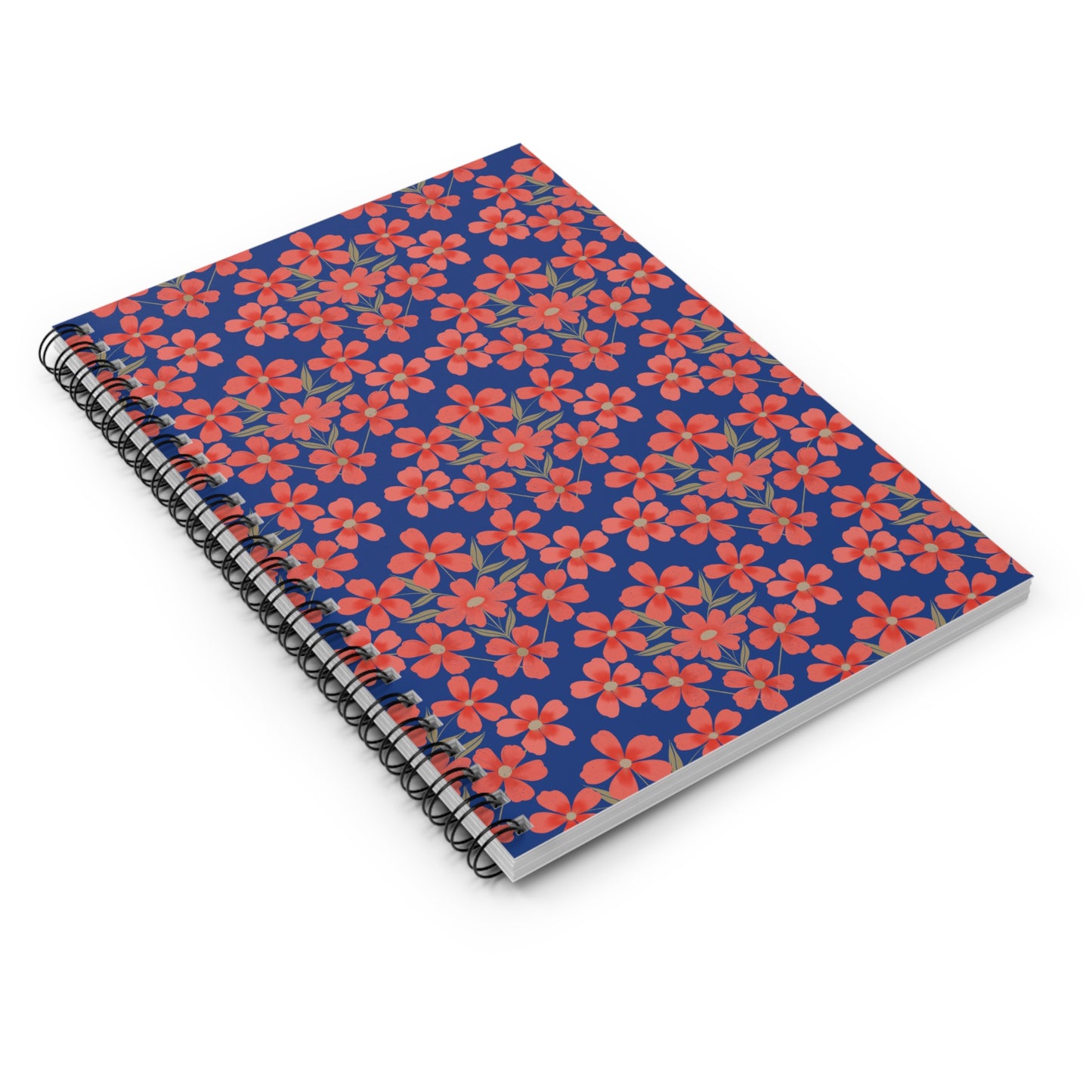 Floral Spiral Notebook features a dark blue cover adorned with vibrant red-orange flowers and green leaves, offering a stylish, cheerful touch. Ideal for sketching or notes, enhancing creativity and organization.