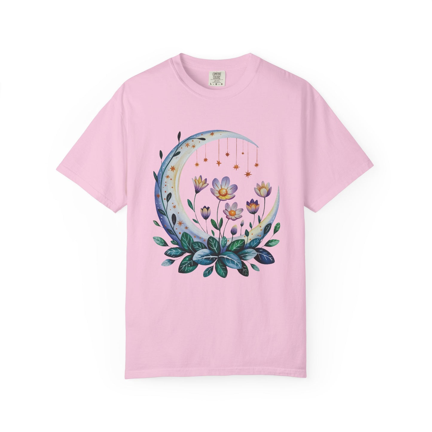 Crescent Moon Floral T-Shirt showcasing a bohemian floral design, exuding a dreamy vibe with double-needle stitching and a relaxed fit, epitomizing FireBrook Essentials' stylish and comfortable apparel ethos.