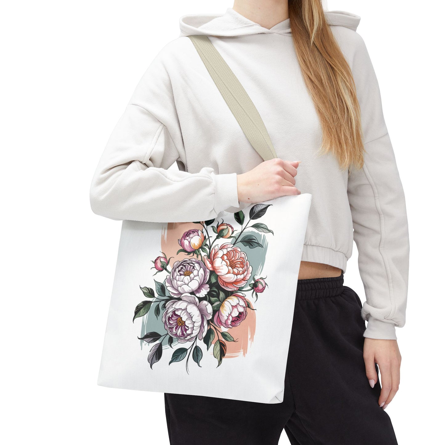 Vintage Peony Tote Bag: A durable, floral-patterned tote ideal for nature enthusiasts, perfect for carrying groceries or essentials. Features reinforced handles and boxed corners, available in three sizes for versatile use.