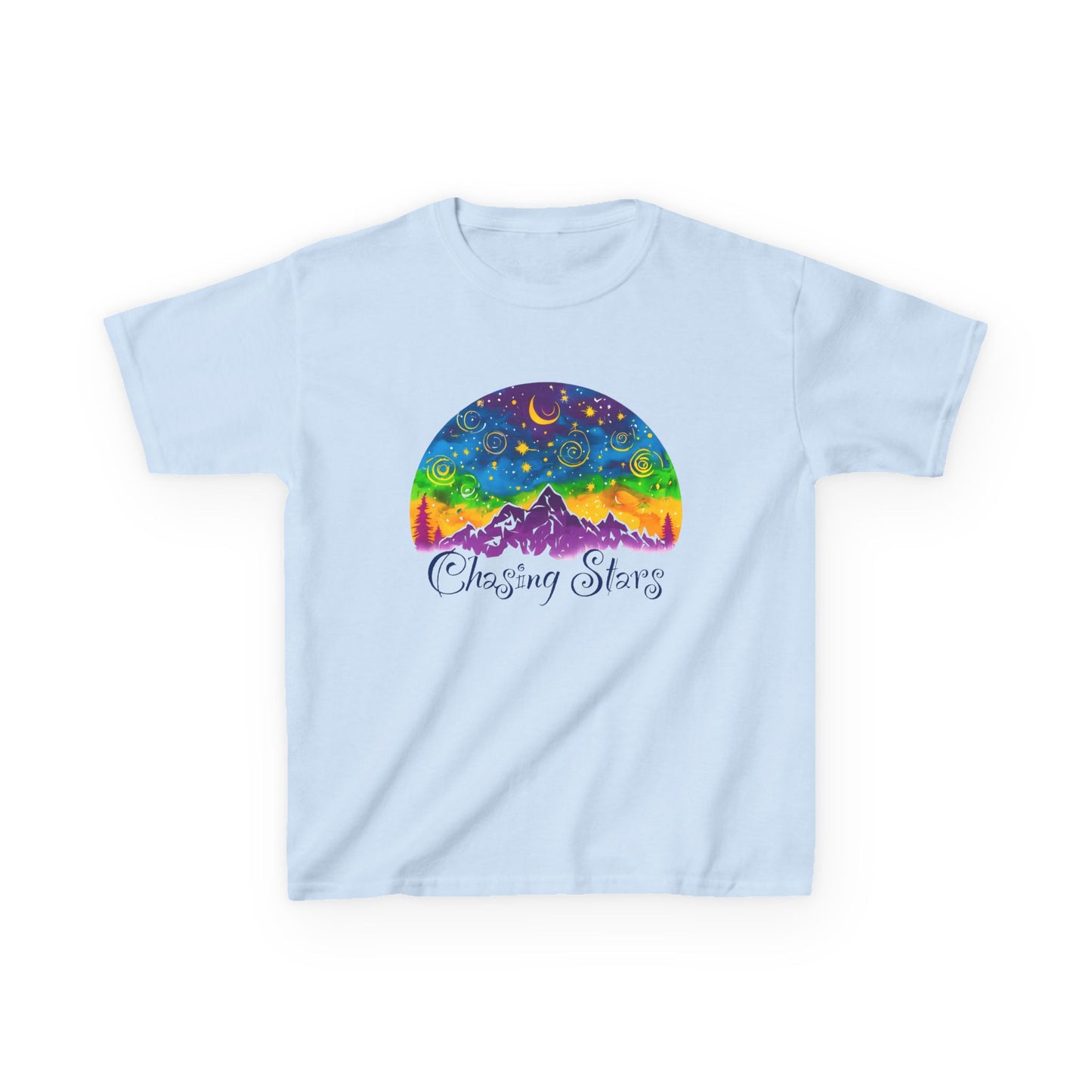 Chasing Stars Youth Gildan Unisex T-Shirt featuring a playful graphic of a rainbow mountain under a starry sky and moon, capturing an adventurous spirit perfect for active kids.