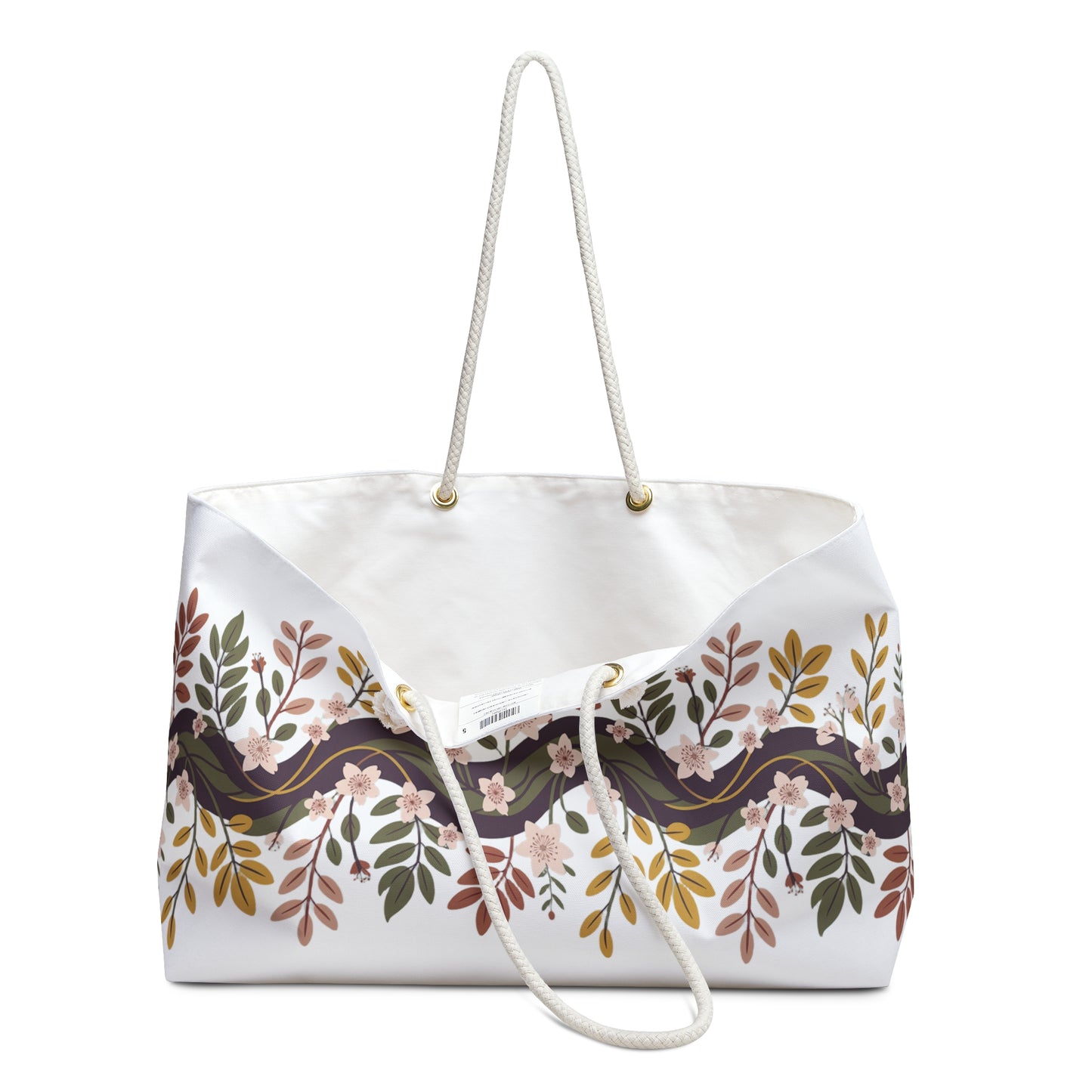 Botanical Weekender Bag: A close-up of floral and leaf patterns on a spacious bag with durable rope handles and metal grommets, ideal for joyful, stylish travel.