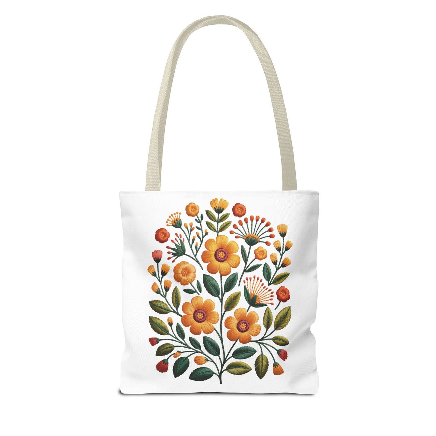 Folk Art Floral Faux Embroidery Style Tote Bag featuring a mustard yellow, goldenrod, and sunflower floral design with olive green leaves, perfect for daily use by nature lovers and art enthusiasts.