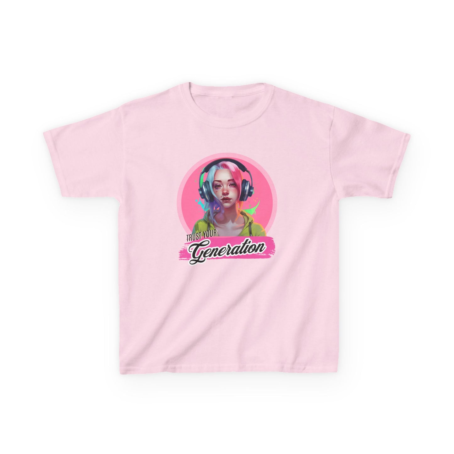 Trust Your Generation Youth Gildan Unisex T-Shirt featuring a print of a woman with headphones, embodying comfort and style for young trendsetters. Perfect for casual outings and special occasions.
