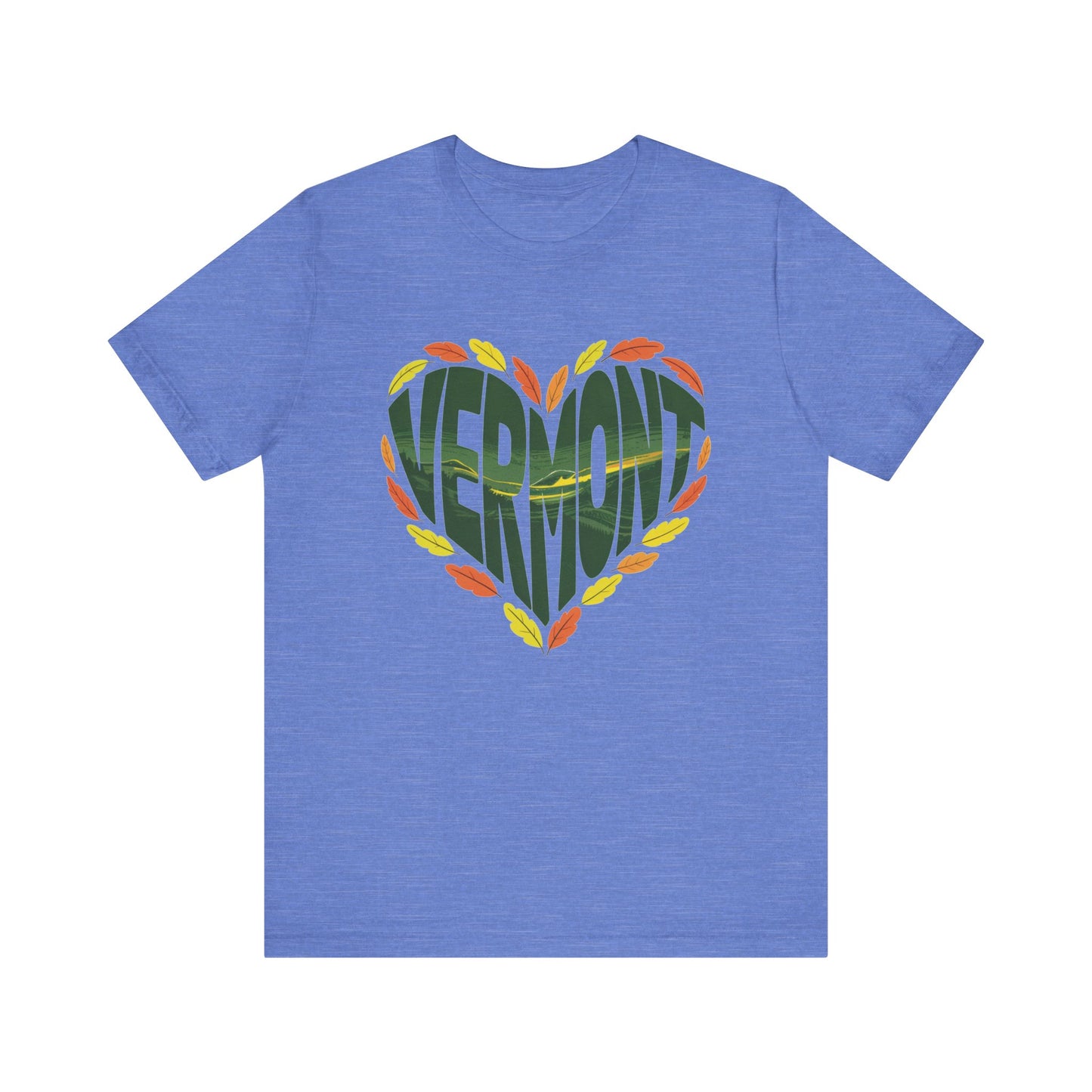 Vermont Love Bella+Canvas Unisex T-Shirt displaying a relaxed, outdoorsy aesthetic with a retail fit, featuring shoulder tape and a ribbed knit collar, ideal for nature enthusiasts and casual wear.