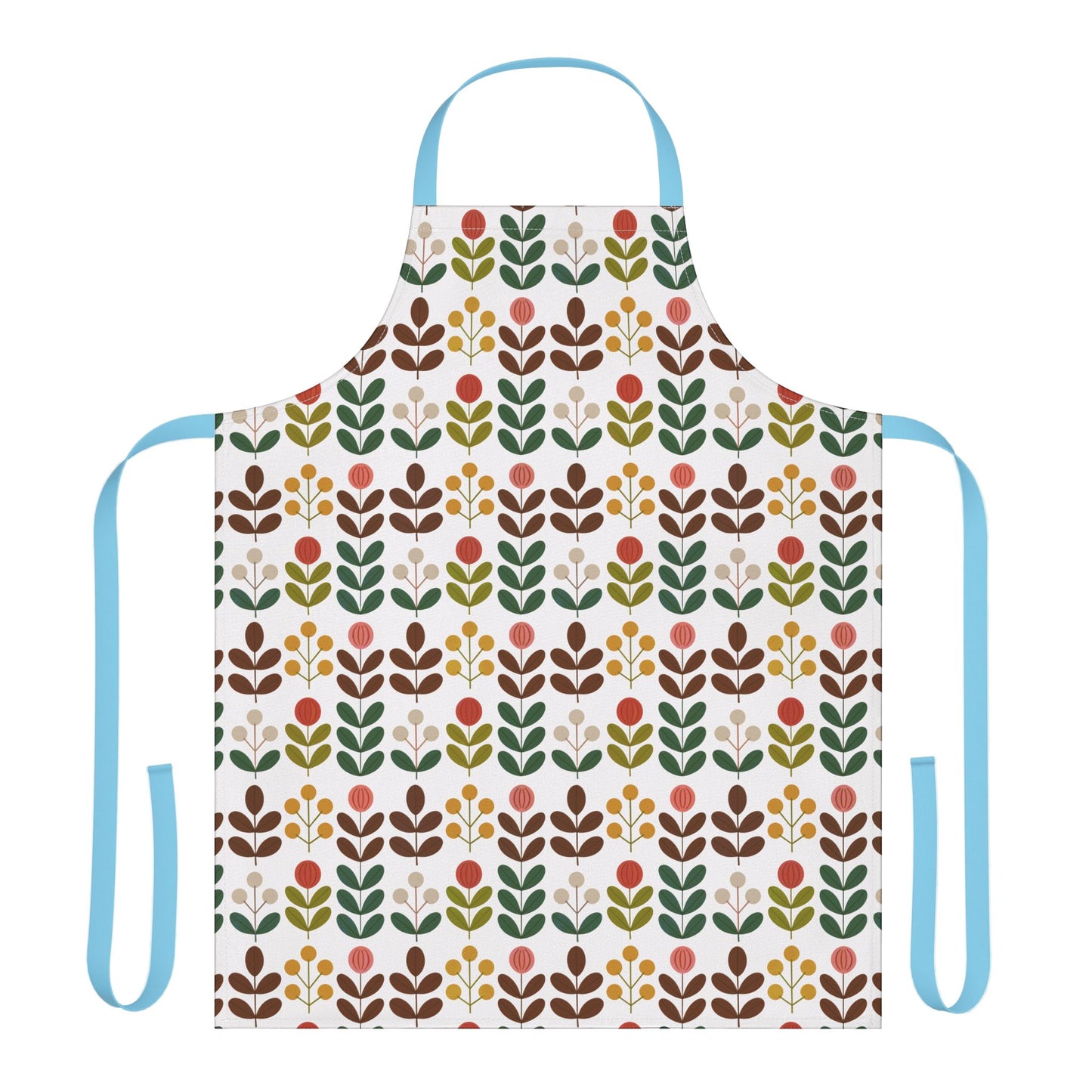 Flower Pattern Apron from FireBrook Designs, featuring vibrant floral motifs on a polyester canvas with foamed lining, tie-back closure, and five strap color options. Perfect for creative cooking or crafting.