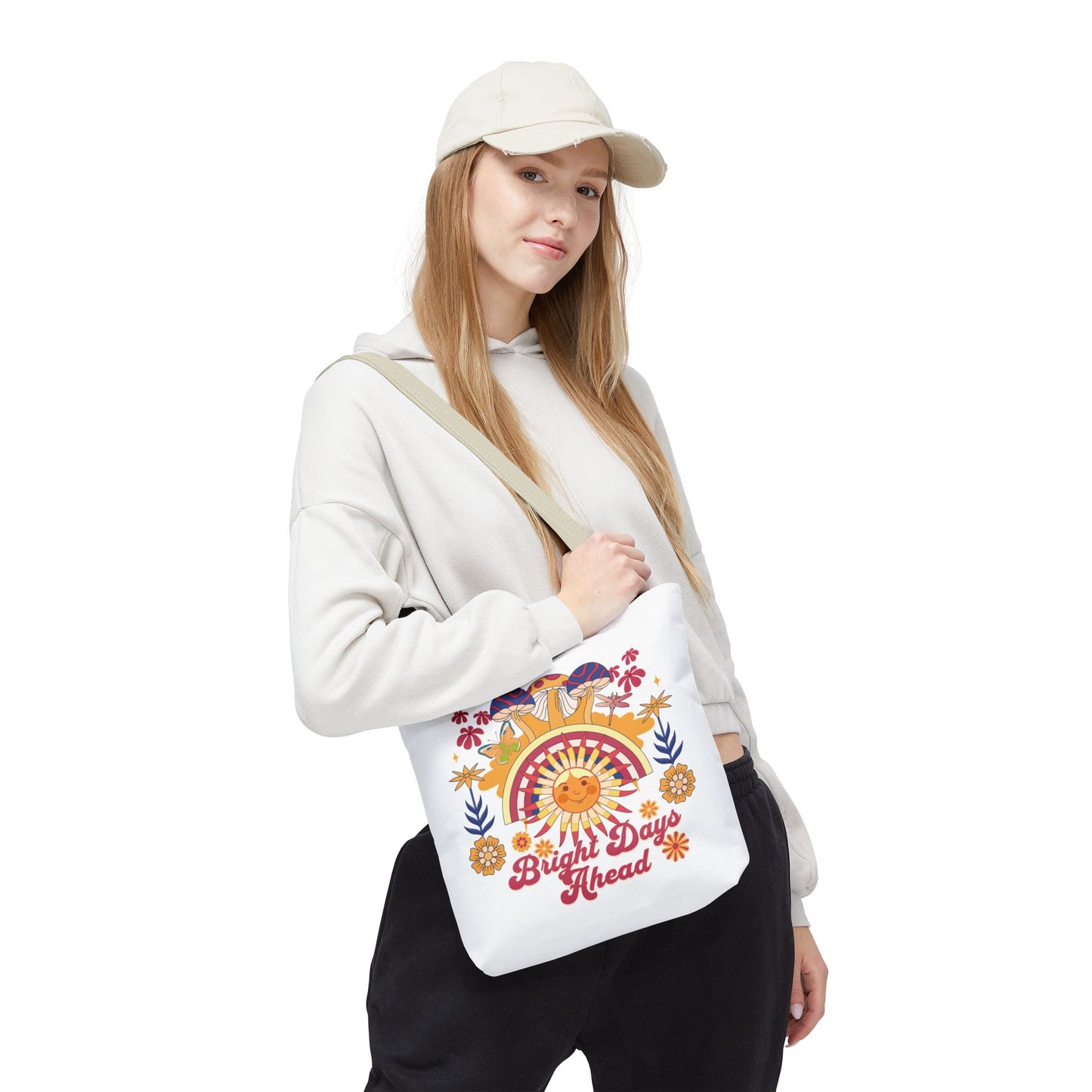 Bright Days Ahead Sunshine Floral Tote Bag featuring vibrant sunshine, flowers, and butterflies, ideal for joyful outdoor adventures. Available in multiple sizes, with durable polyester body and reinforced handles for strength.