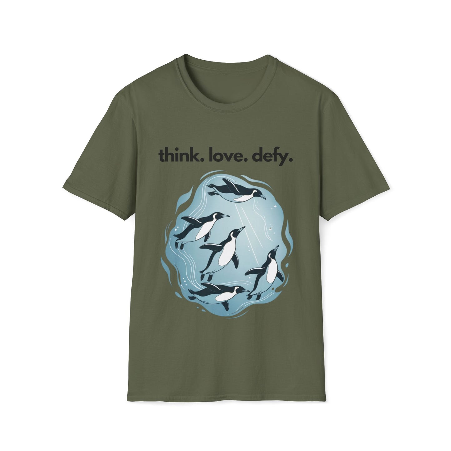 Think Love Defy Penguin Animal Nature Gildan Unisex T-Shirt featuring a playful penguin design, ideal for nature lovers and casual wear, embodies comfort and unique style from FireBrook Essentials.