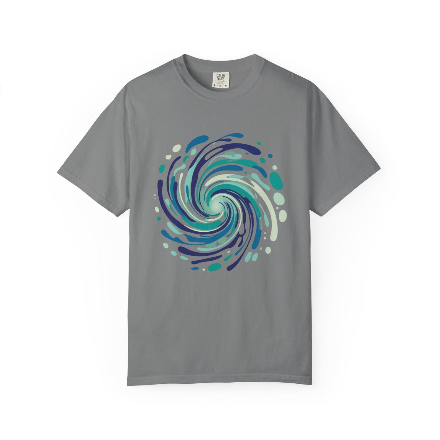 Ocean Waves Abstract T-Shirt featuring a modern vector design of swirling ocean currents, interwoven fluid lines, and bubble-like shapes, embodying a vibrant underwater energy, perfect for casual, stylish summer wear.