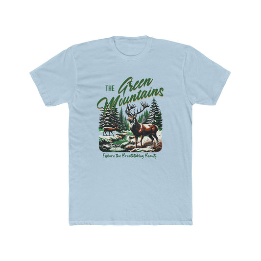 The Green Mountains: Explore It's Beauty Sport-Tek Unisex T-Shirt features a moose and forest design, perfect for nature lovers seeking comfort and style from FireBrook Essentials.