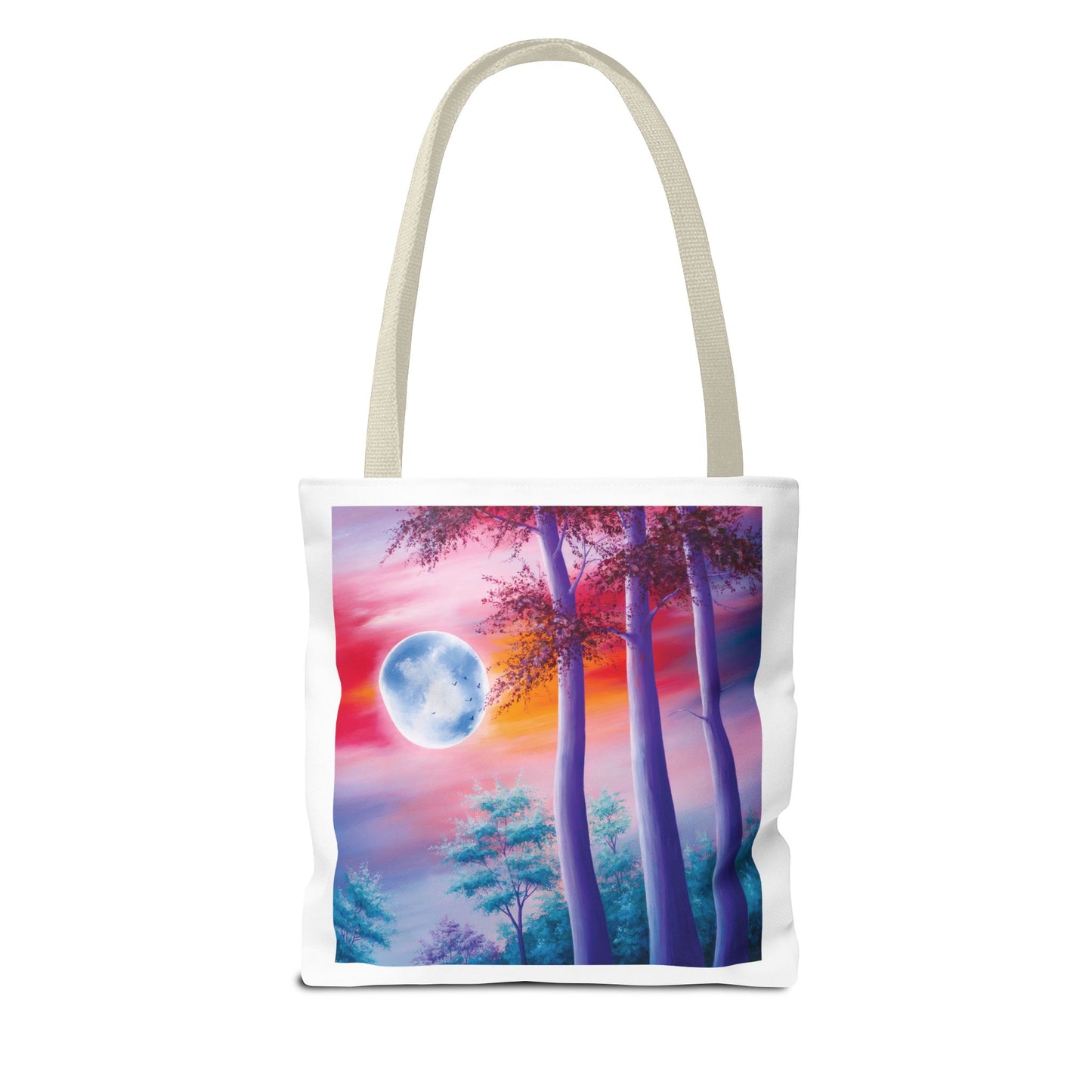 Moonlit Forest Tote Bag: A durable, artistic tote featuring a mystical full moon scene with towering trees against a sunset sky. Perfect for art lovers, available in various sizes with customizable handle colors.