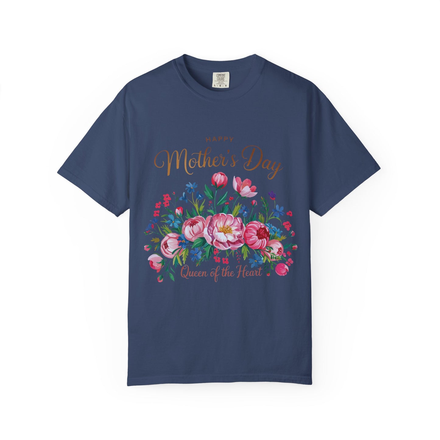 Happy Mother's Day Queen of the Heart T-Shirt showcasing a classic crew neckline and double-needle stitching, embodying FireBrook Essentials' commitment to comfort and style. Ideal for meaningful Mother's Day gifting.