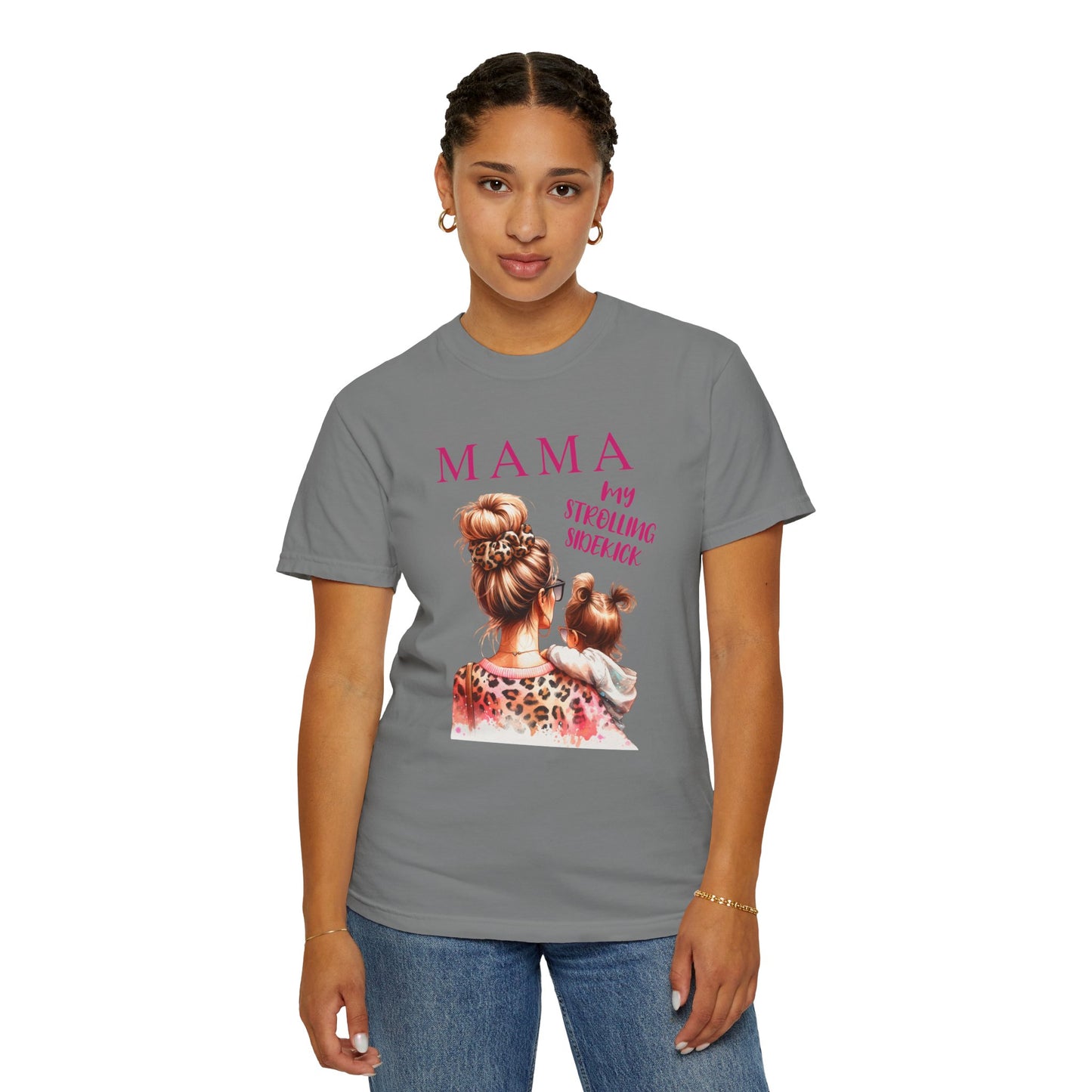MAMA - My Strolling Sidekick T-Shirt: Unisex, garment-dyed tee with the 'MAMA' design. Features a relaxed fit, crew neckline, and durable double-needle stitching, epitomizing FireBrook Essentials' blend of comfort and style.