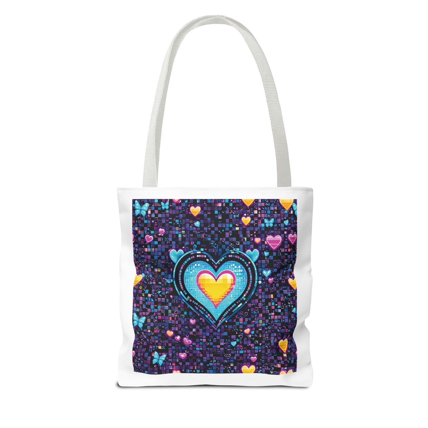 Heart Pixelated Nostalgic Cyber-Aesthetic Tote Bag featuring pixelated hearts and butterflies, offering a stylish, durable accessory for those who love unique, trendy designs.
