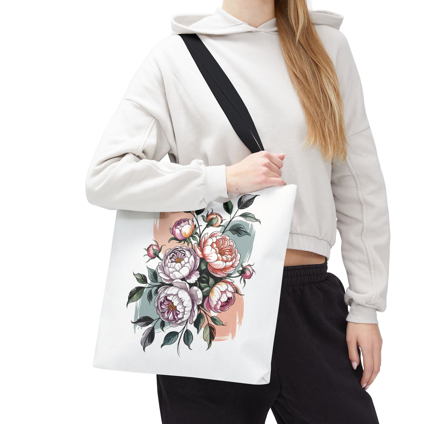 Vintage Peony Tote Bag: A durable, vintage-style tote adorned with delicate peony design, ideal for nature enthusiasts and everyday use. Features reinforced handles, boxed corners, and available in three versatile sizes.