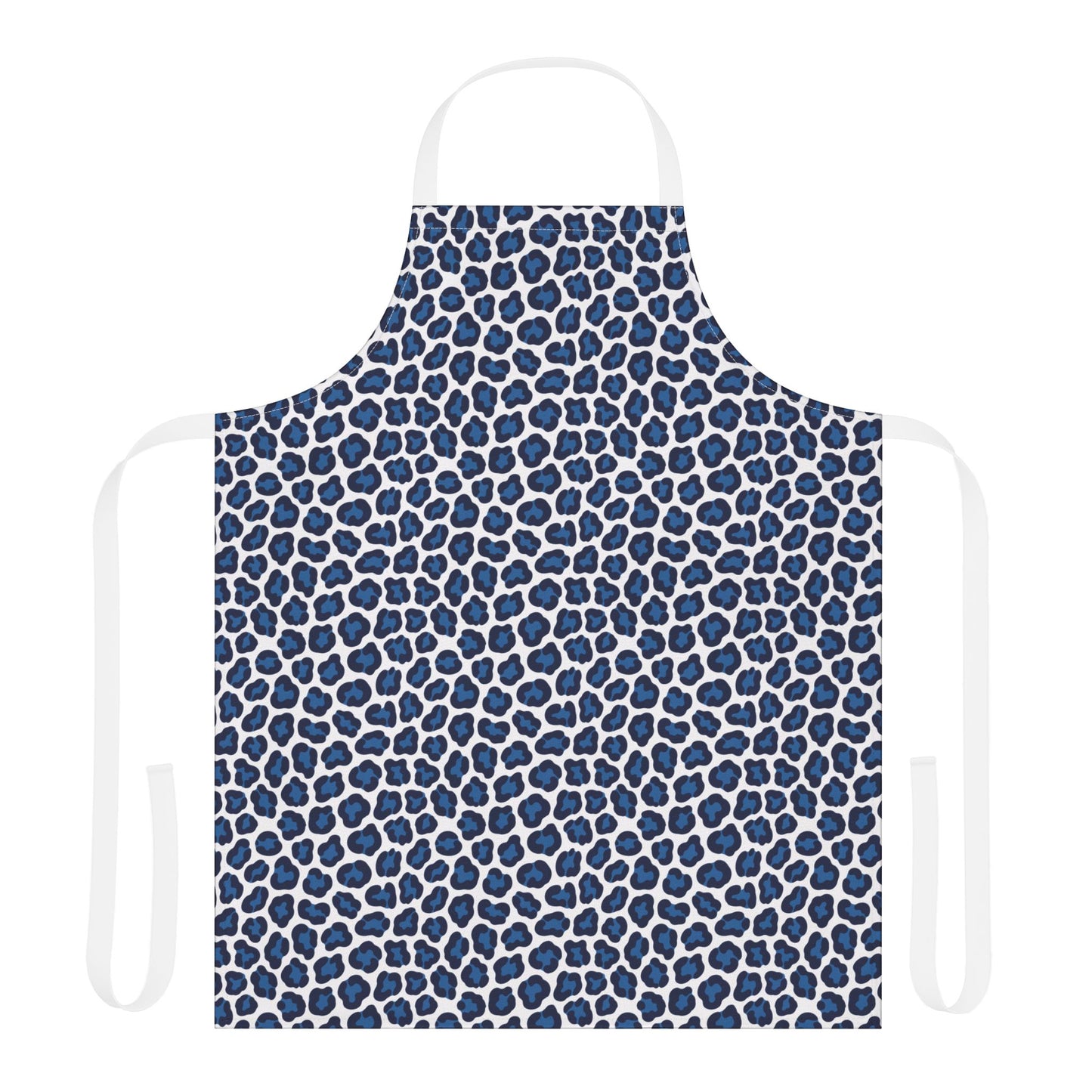 Apron, Cheetah Print: A stylish blue and white apron featuring a bold cheetah pattern, with white straps for a comfortable fit, ideal for creative and culinary activities.