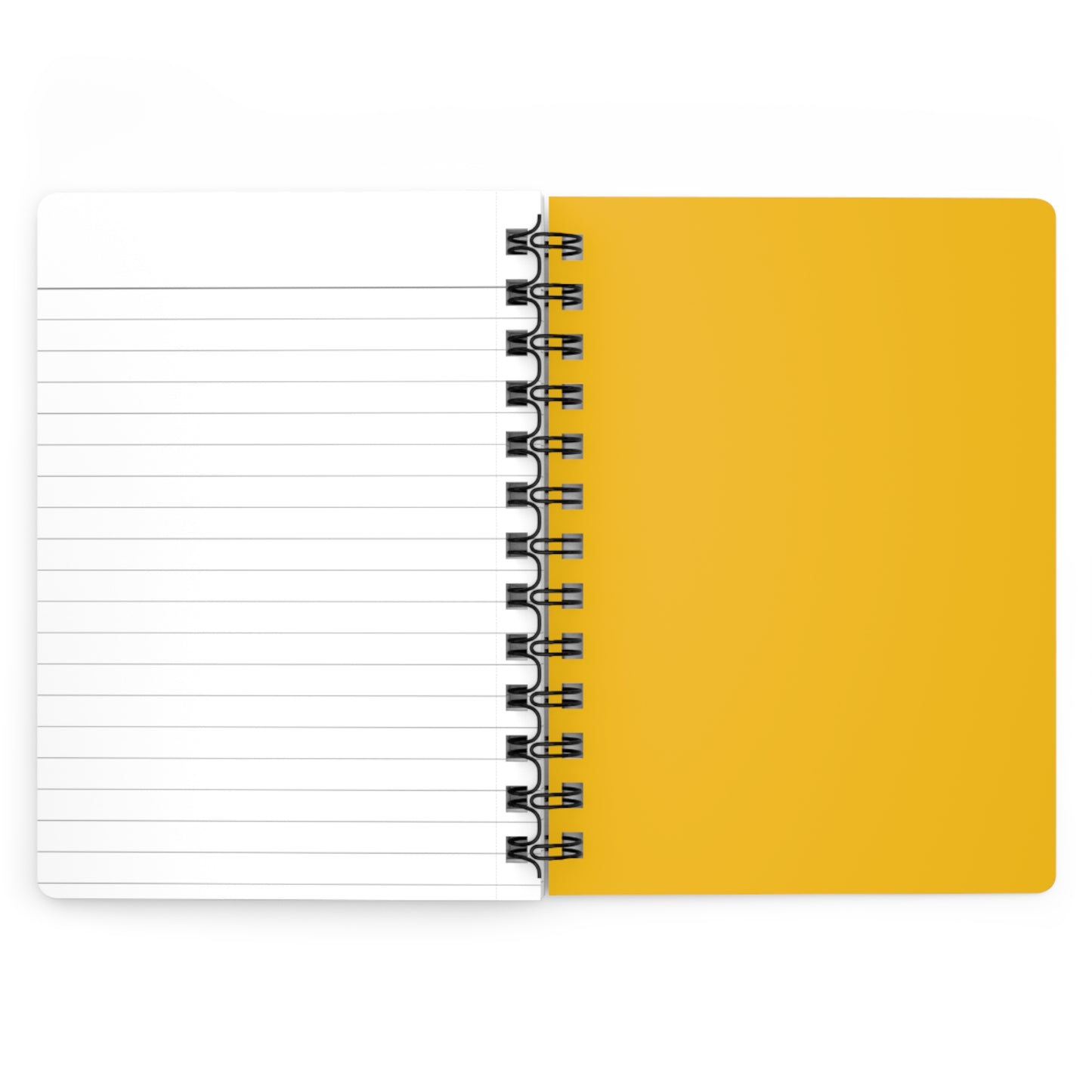 SPIRAL JOURNAL, DURABLE GLOSSY COVER, RULED, 5X7: An open, spiral-bound notebook featuring a solid yellow cover and blank, college-ruled page, connected by a black spiral binding, perfect for smooth writing and easy page removal.
