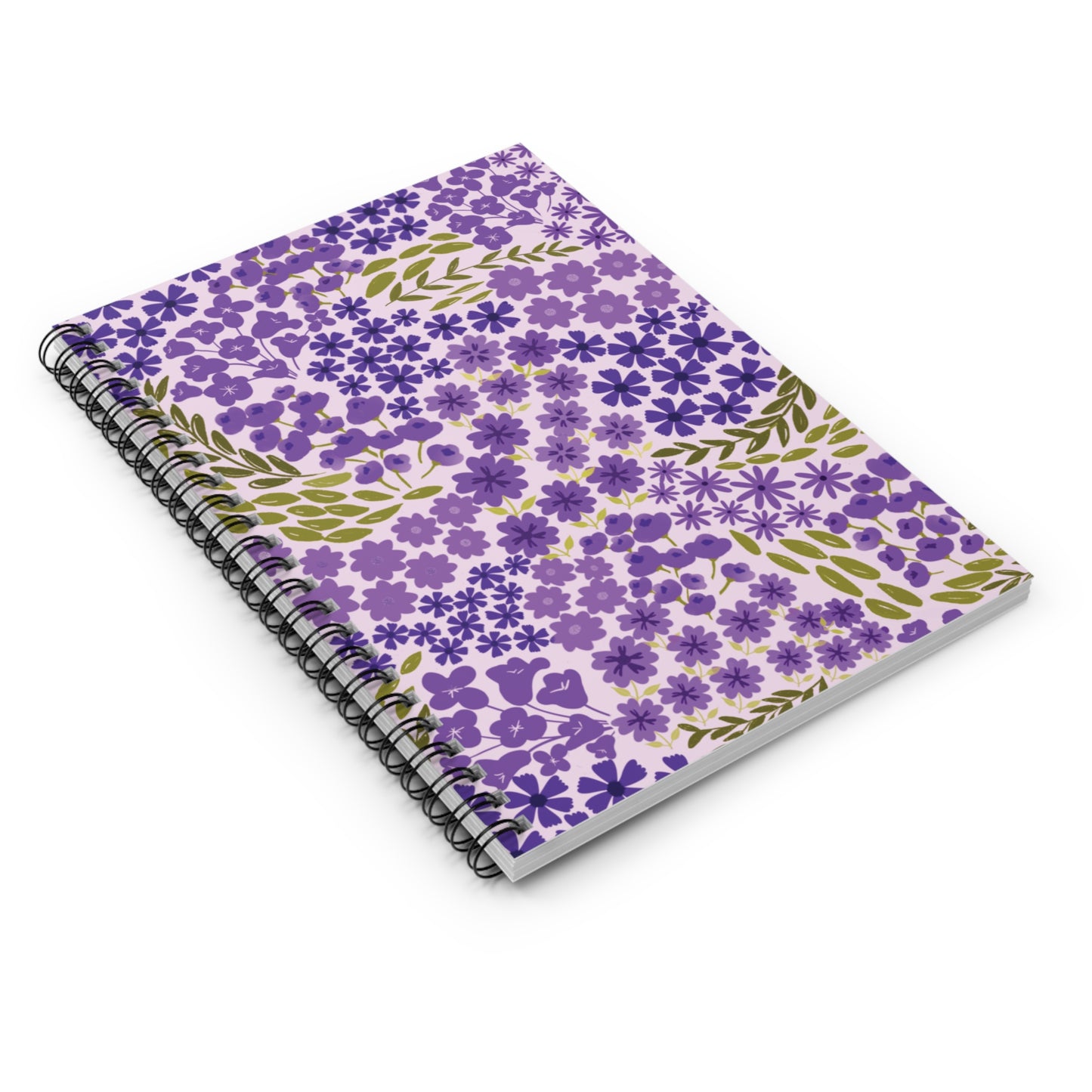 Floral Spiral Notebook with vibrant purple floral cover and black wire binding on a white background; perfect for creative tasks, reflecting FireBrook Designs' ethos of style and positivity.