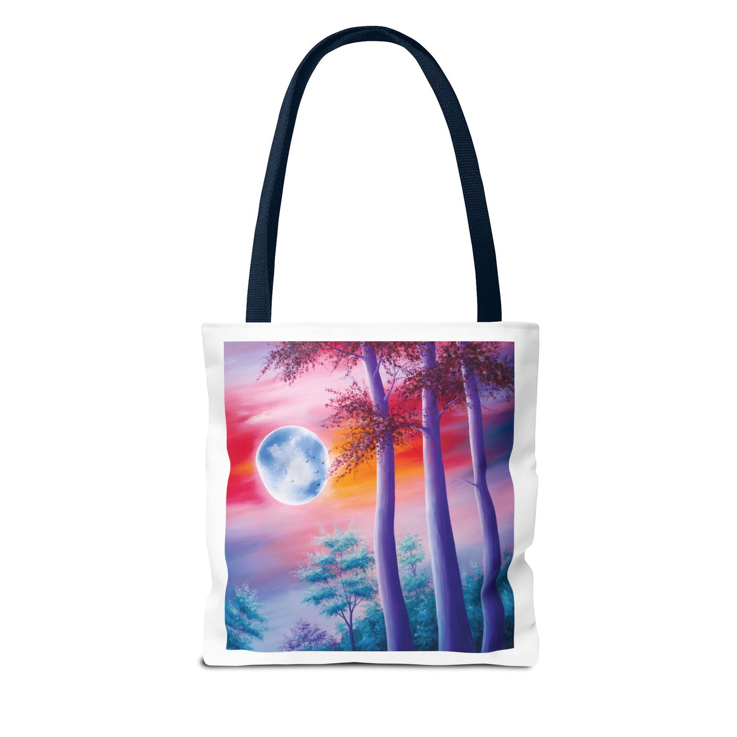 Moonlit Forest Tote Bag featuring a mystical full moon and towering trees against a dramatic sunset sky, embodying an ethereal vibe. Perfect for art enthusiasts, with durable polyester and reinforced stitched handles.