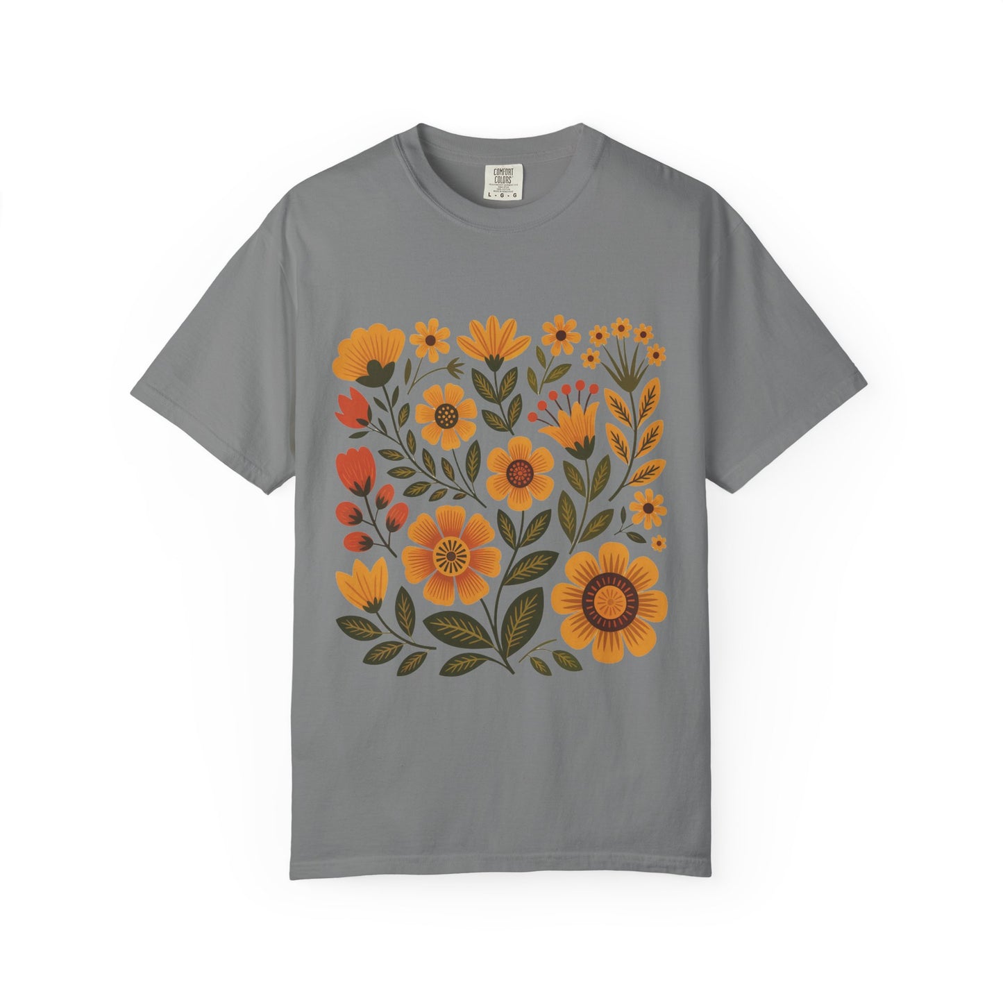 Folk Art in Warm Yellows Floral T-Shirt featuring artistic floral designs, perfect for casual wear. Made from soft, 100% ring-spun cotton, offering comfort and style for art enthusiasts and nature lovers.