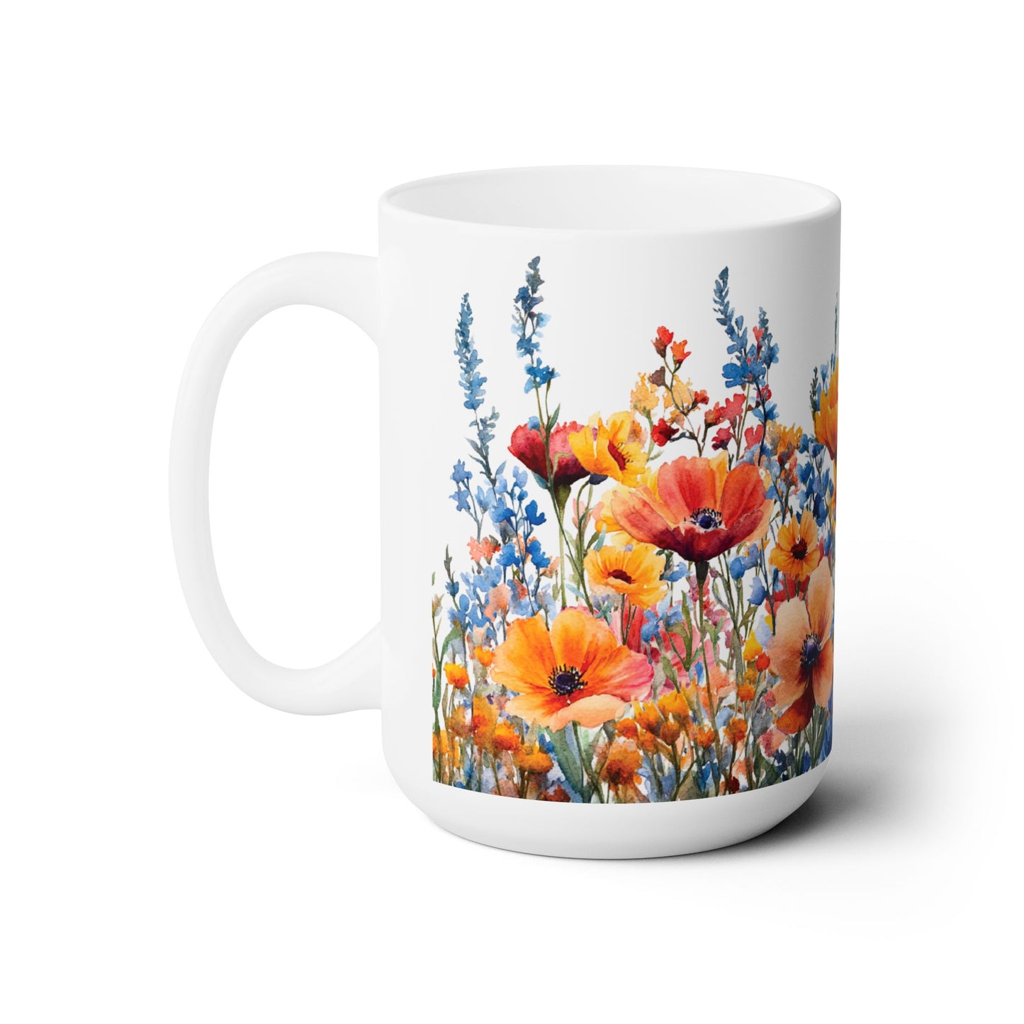 Wildflowers Mug (15oz) featuring vibrant floral artwork, perfect for enhancing your beverage experience. Made from durable ceramic with a C-handle, it’s microwave and dishwasher-safe, offering both style and convenience.