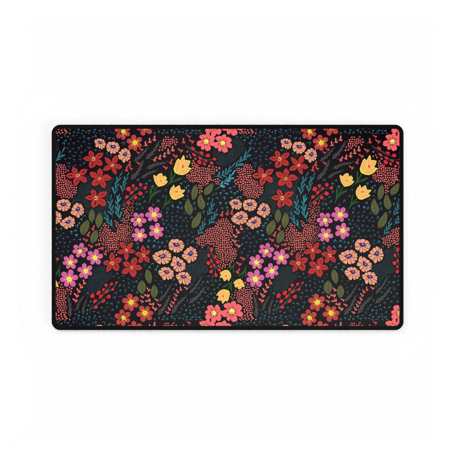 Desk Mat - Midnight Garden Floral Pattern features a vibrant floral print with hand-drawn blossoms and teal foliage on a dark background, perfectly blending nature-inspired style with functionality for your desk setup.