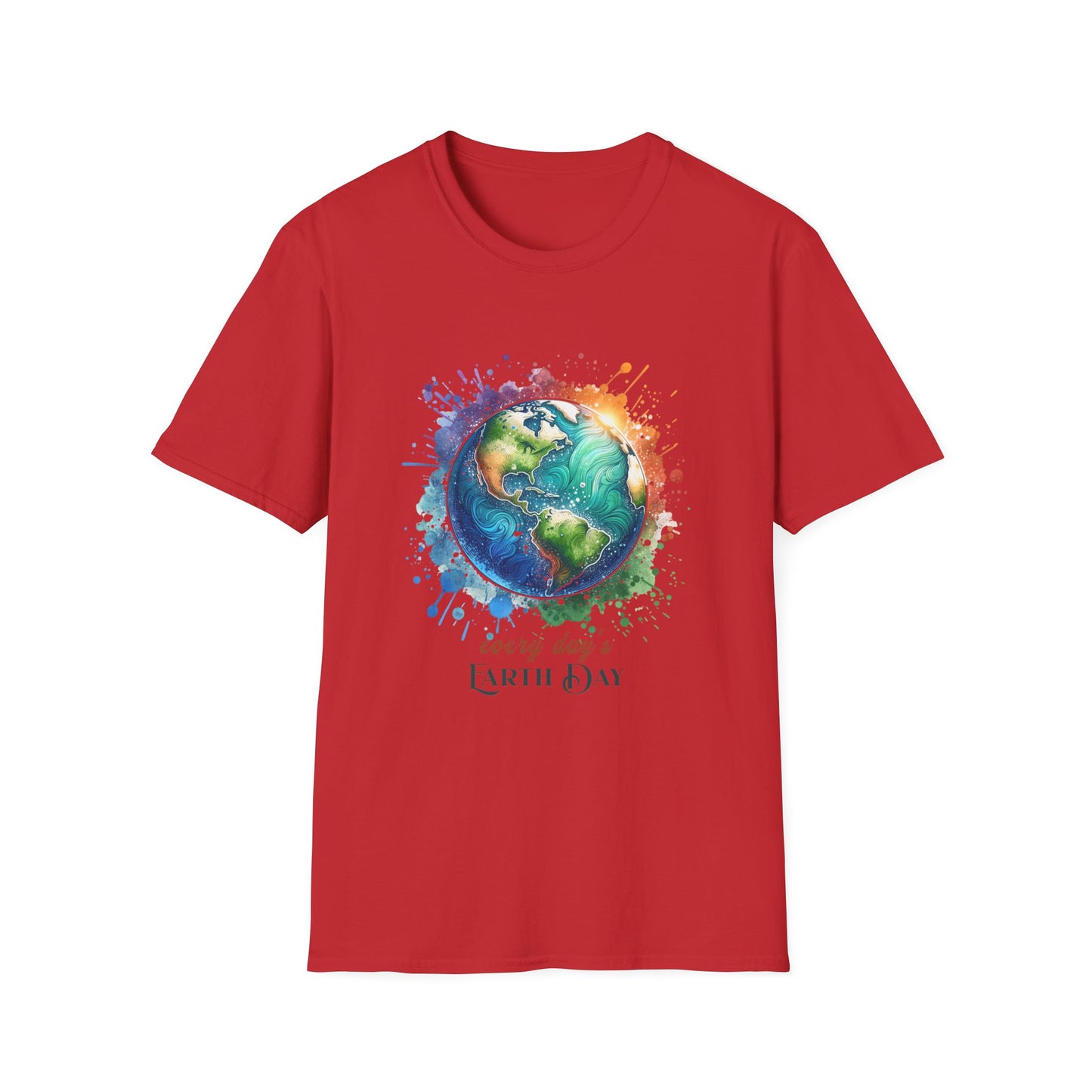 Every Day is Earth Day Gildan Unisex T-Shirt featuring a vivid Earth illustration on the front, embodying sustainability and comfort with its classic fit and crew neckline.