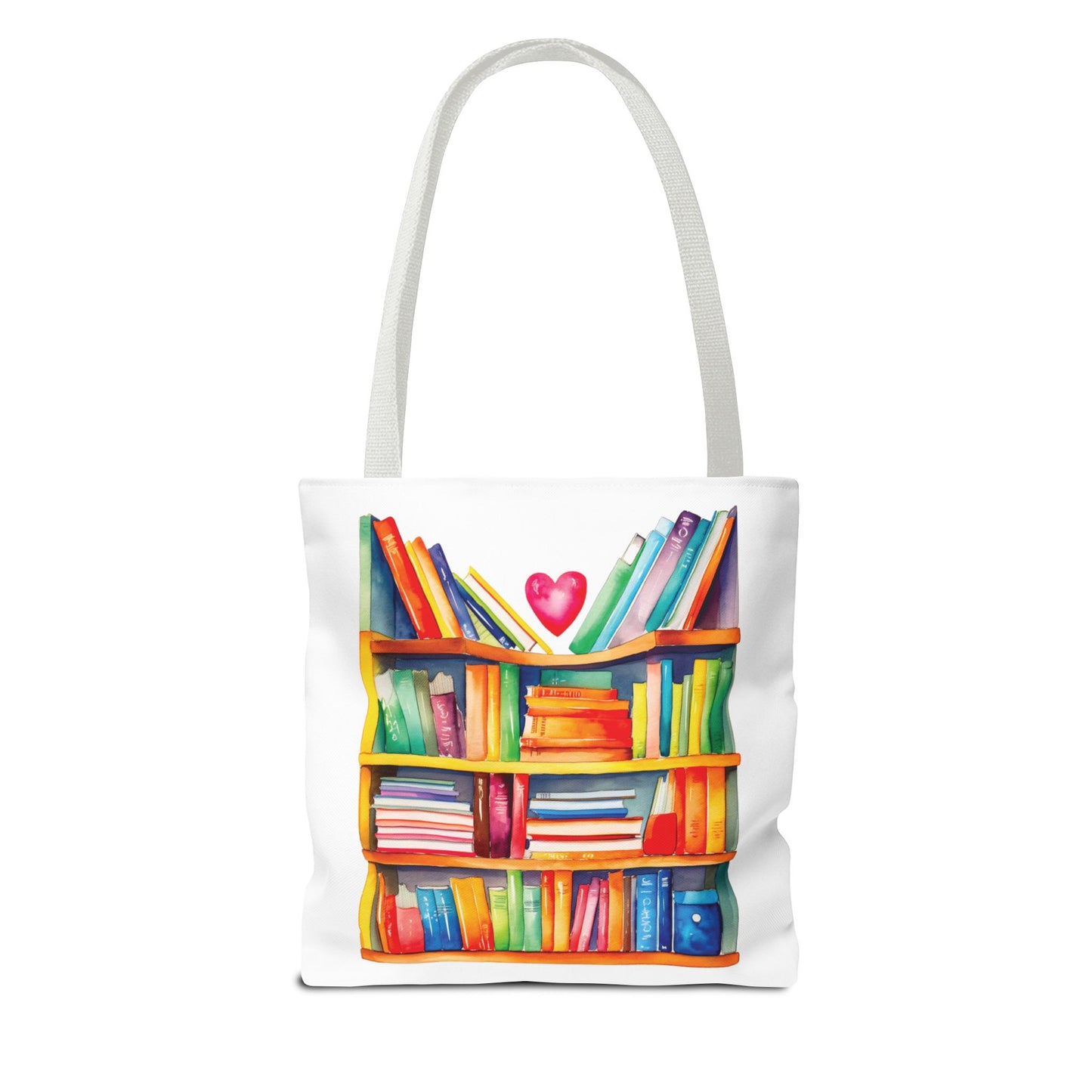 Books Tote Bag - 100% Spun Polyester featuring a watercolor-style bookshelf design, ideal for book lovers. Durable, with reinforced stitching and available in three sizes.
