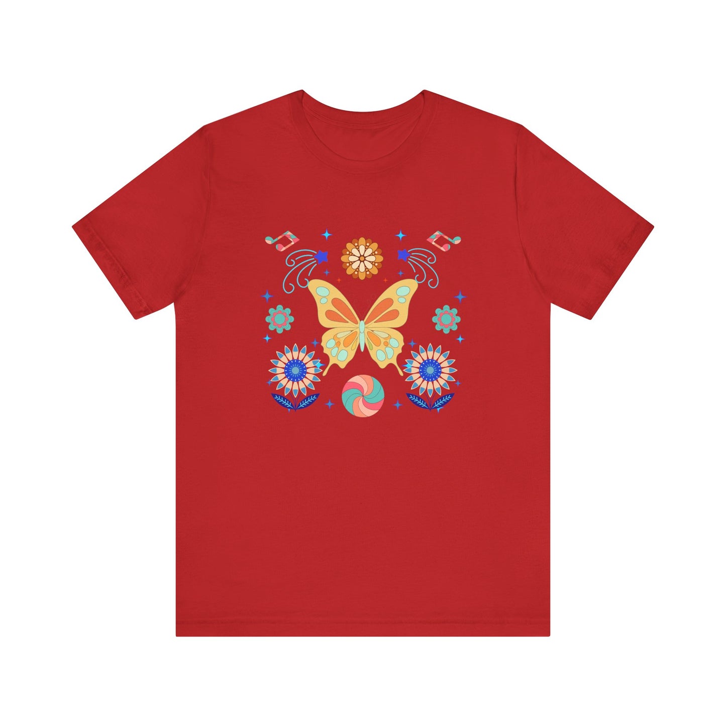 Butterfly and Flowers Bella+Canvas Unisex T-Shirt showcases a detailed butterfly and floral design, perfect for nature enthusiasts seeking a cheerful, everyday wear with a nature-inspired vibe.